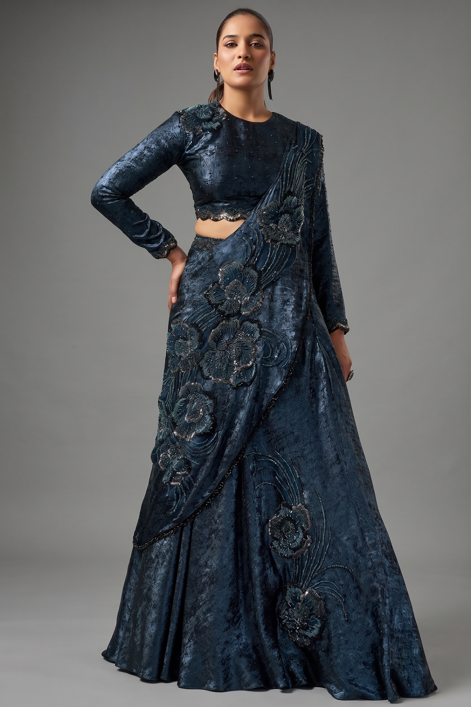 Dark Blue Metallic Lustrous Satin Silk Ready-to-Wear Lehenga Saree with Floral Motifs Main image