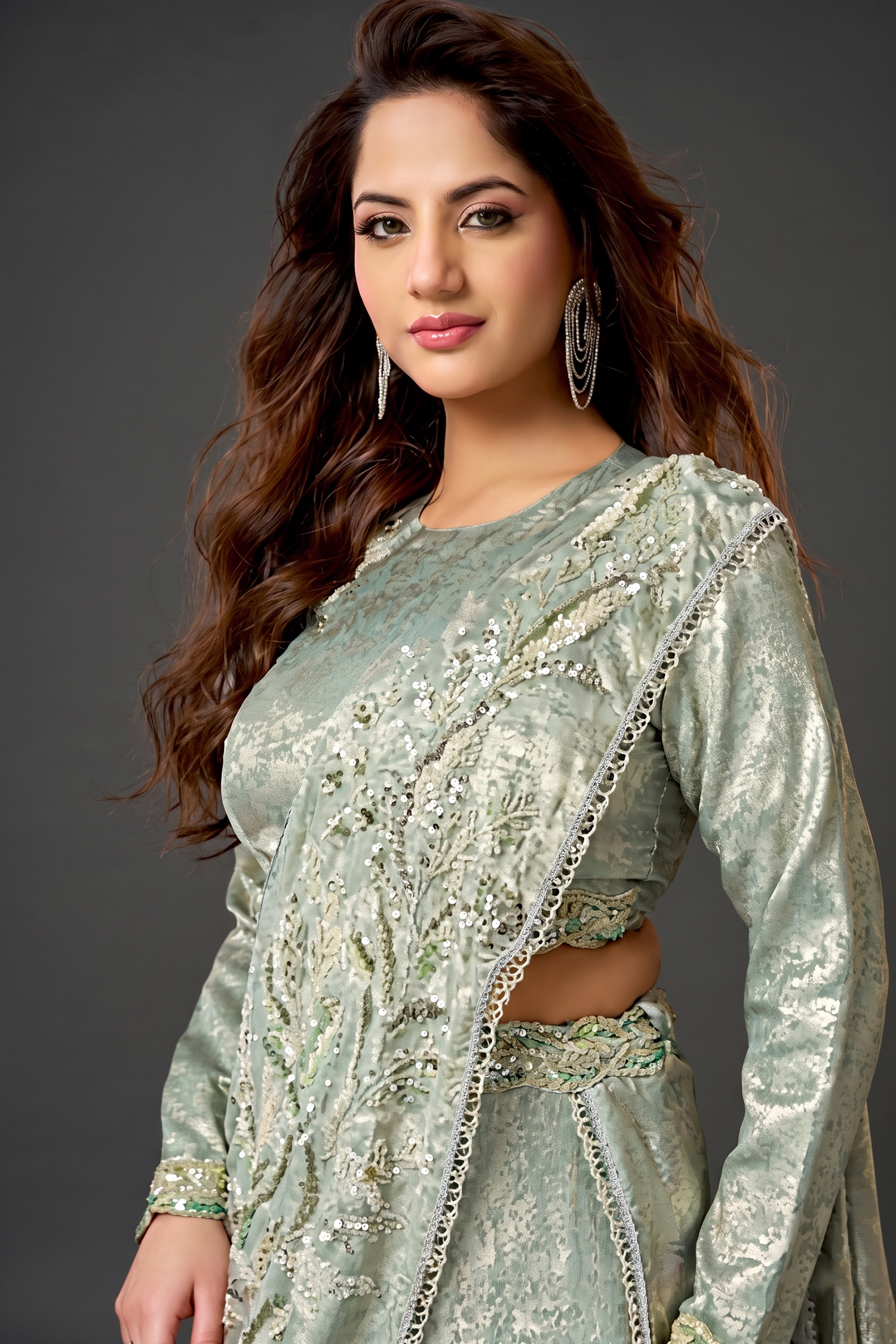 Pista Green Metallic Lustrous Satin Silk Ready-to-Wear Lehenga Saree with Leaf Motifs Secondary image