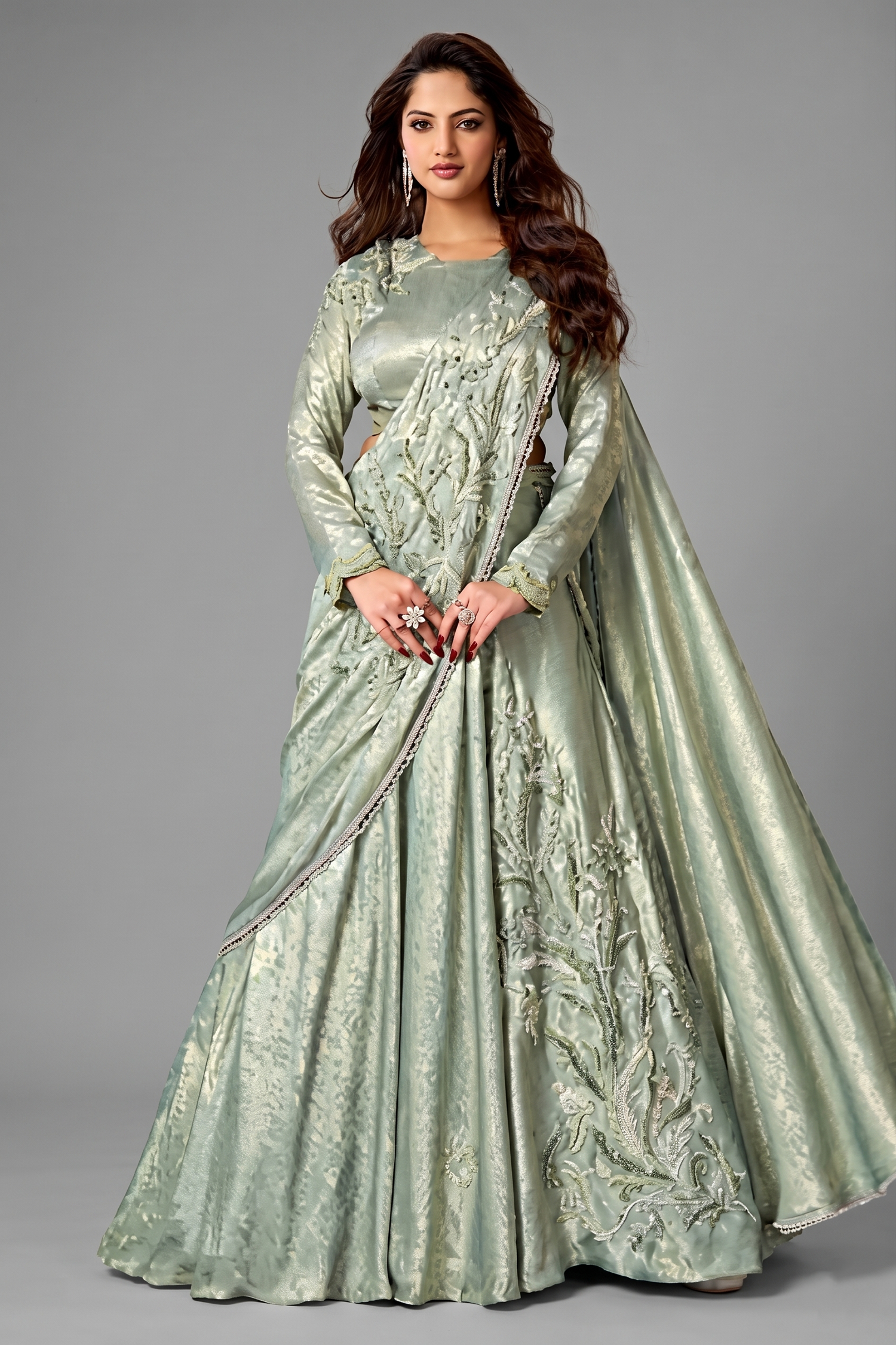 Pista Green Metallic Lustrous Satin Silk Ready-to-Wear Lehenga Saree with Leaf Motifs Main image