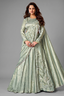 Pista Green Metallic Lustrous Satin Silk Ready-to-Wear Lehenga Saree with Leaf Motifs