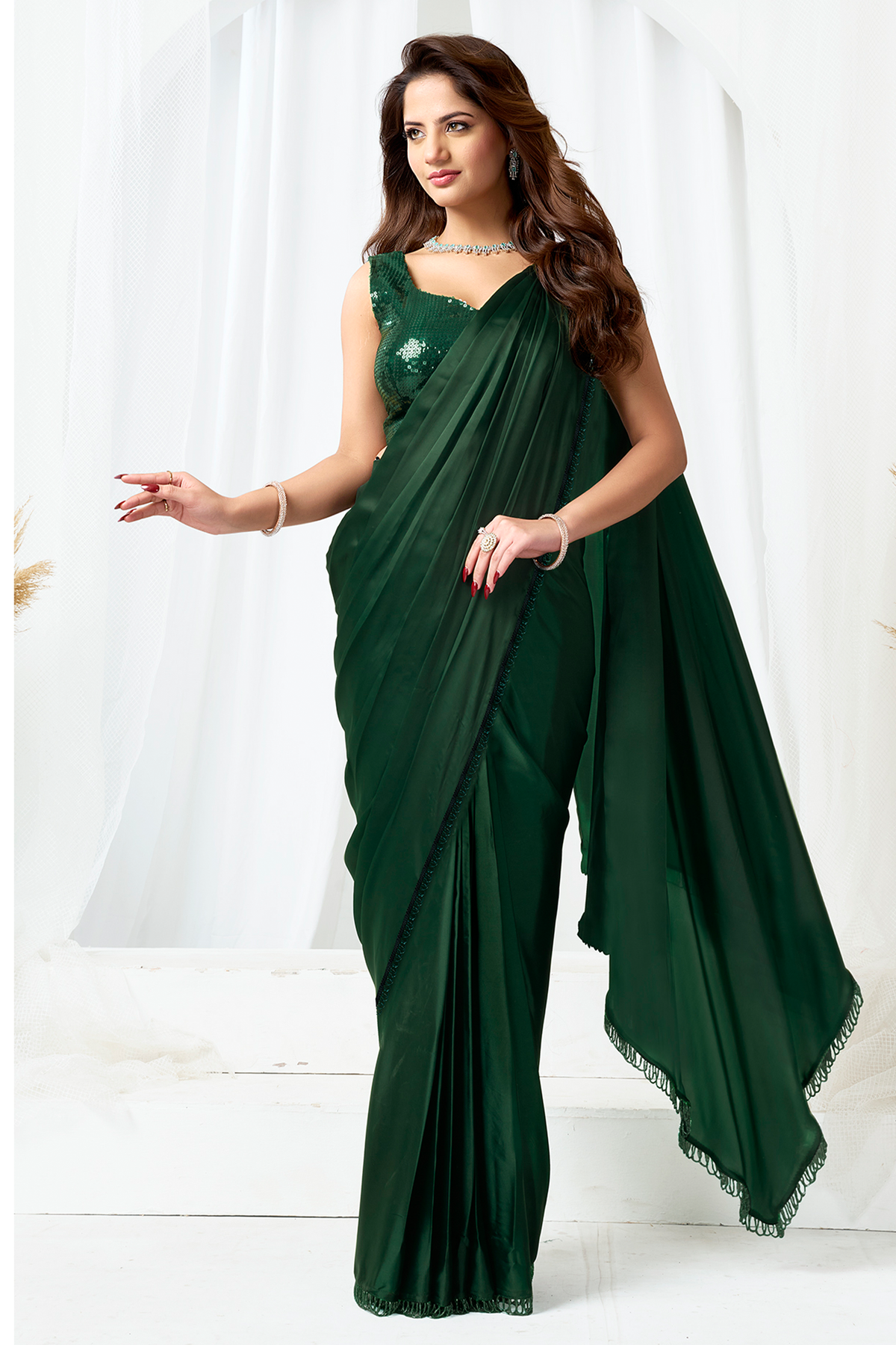 Bottle Green Metallic Lustrous Satin Silk Ready-to-Wear Saree with Jacket