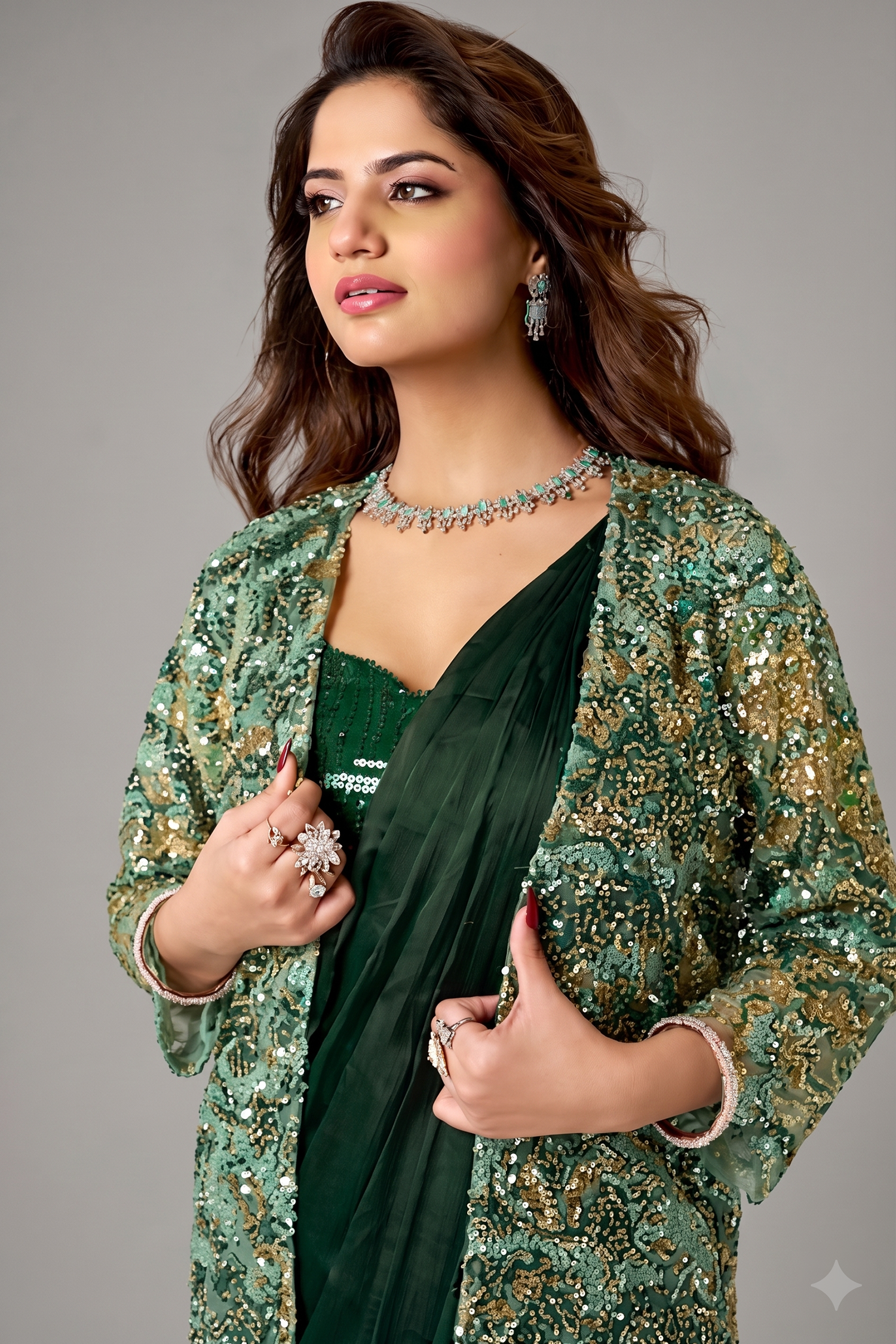 Bottle Green Metallic Lustrous Satin Silk Ready-to-Wear Saree with Jacket Secondary image