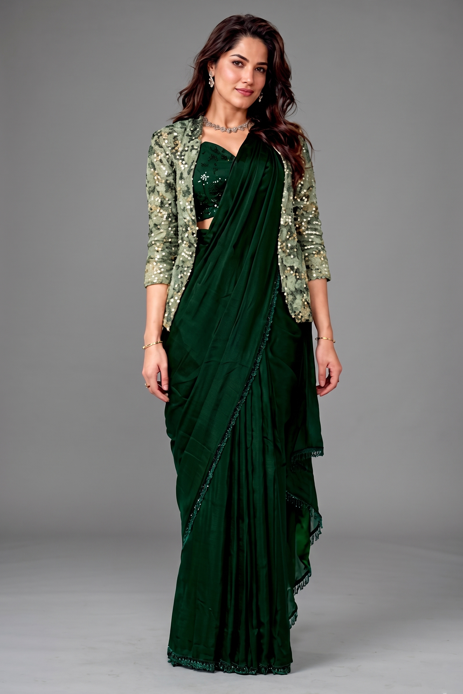 Bottle Green Metallic Lustrous Satin Silk Ready-to-Wear Saree with Jacket Main image