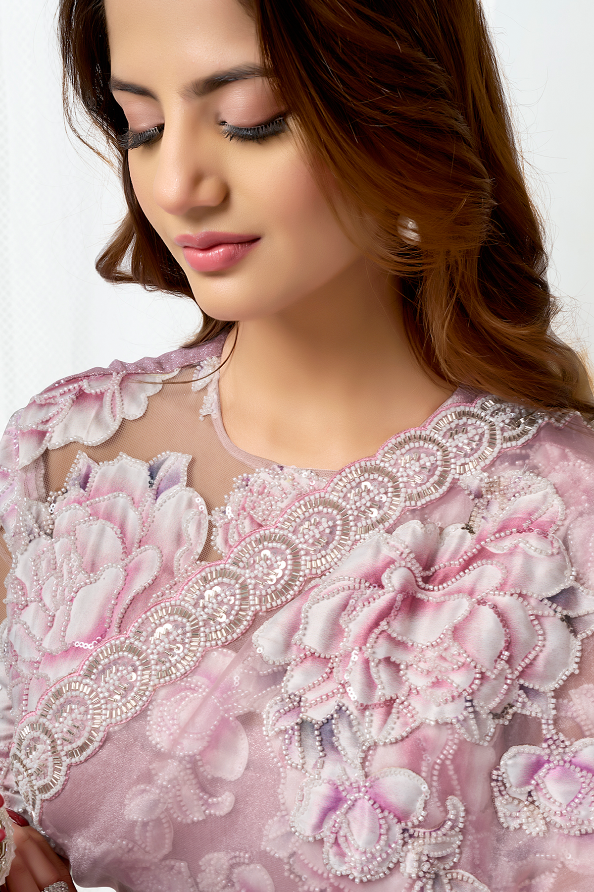 Blush Pink Crushed Shimmer Organza Saree with Highlighted Floral Print and Beads Work