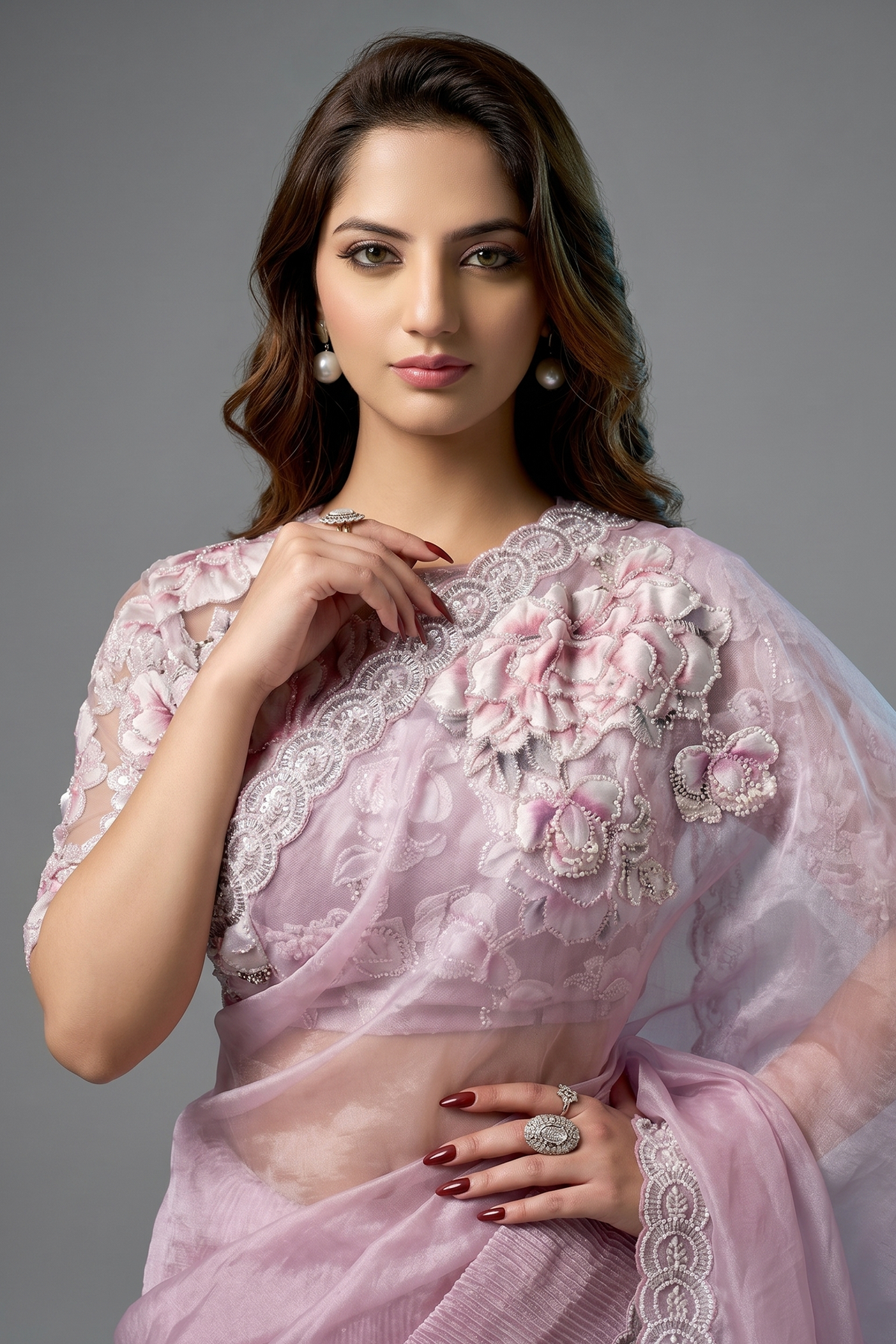 Blush Pink Crushed Shimmer Organza Saree with Highlighted Floral Print and Beads Work