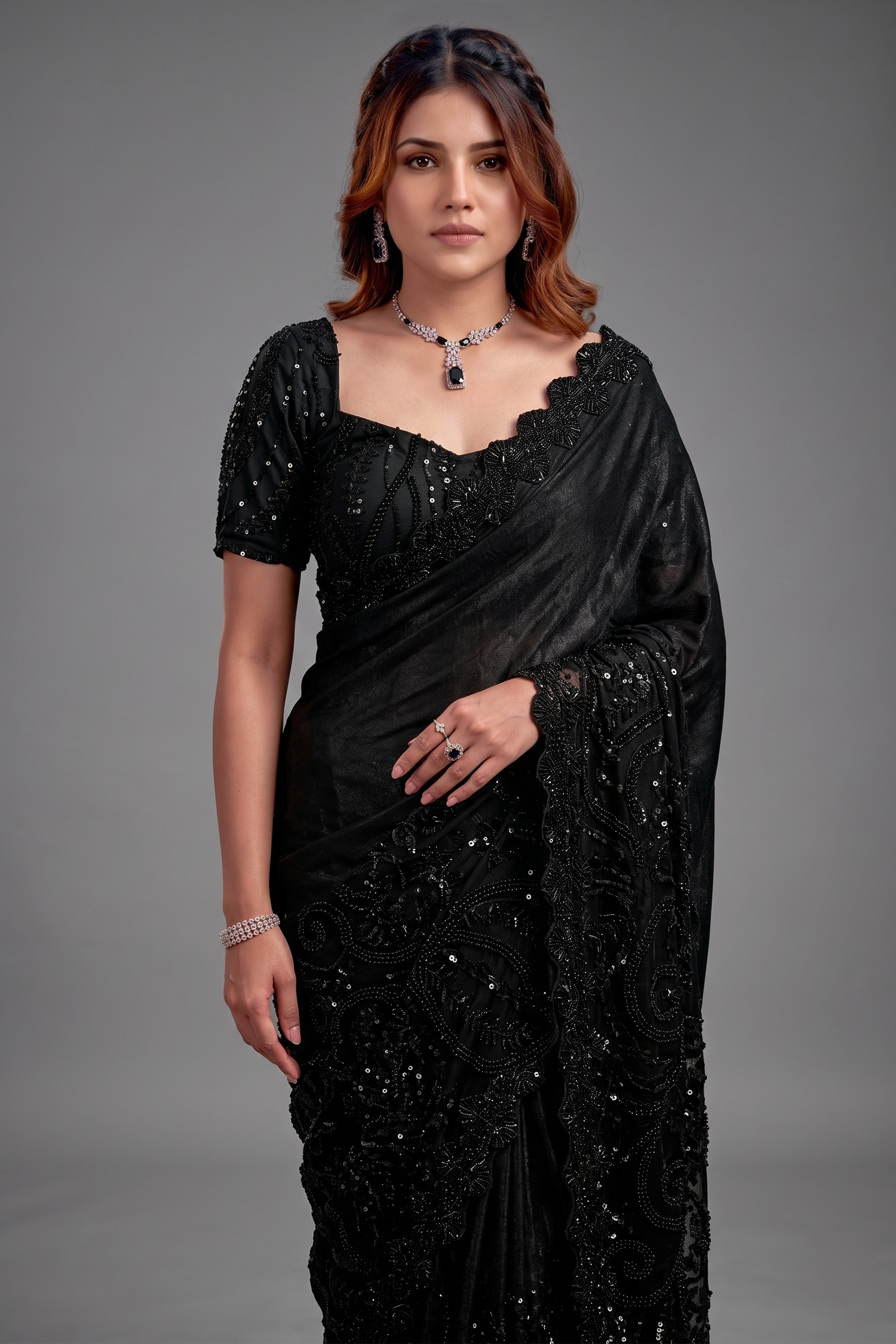 Jet Black Versace Sequin Saree with Pure Beads Handwork and Satin Blouse Secondary image