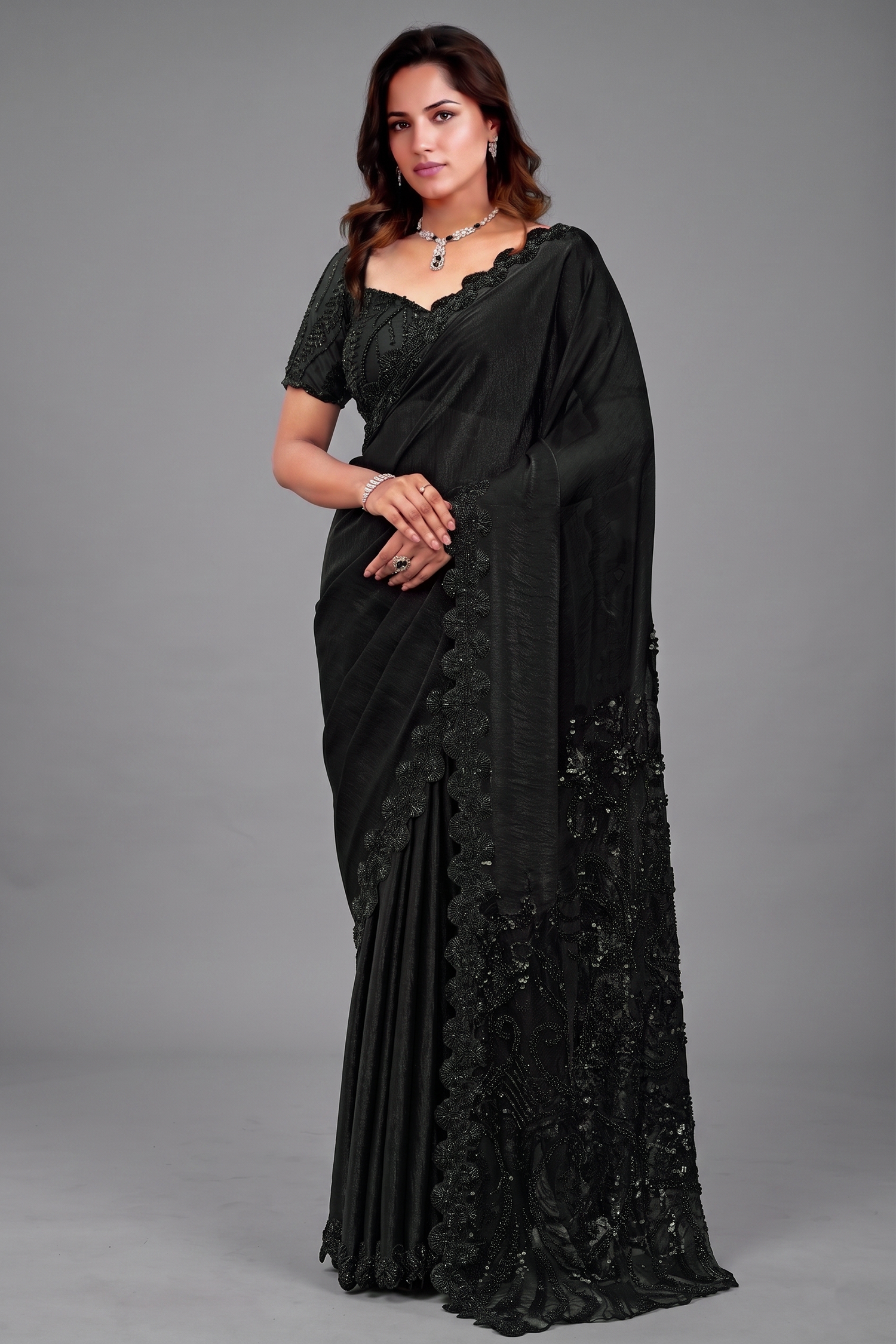 Jet Black Versace Sequin Saree with Pure Beads Handwork and Satin Blouse Main image