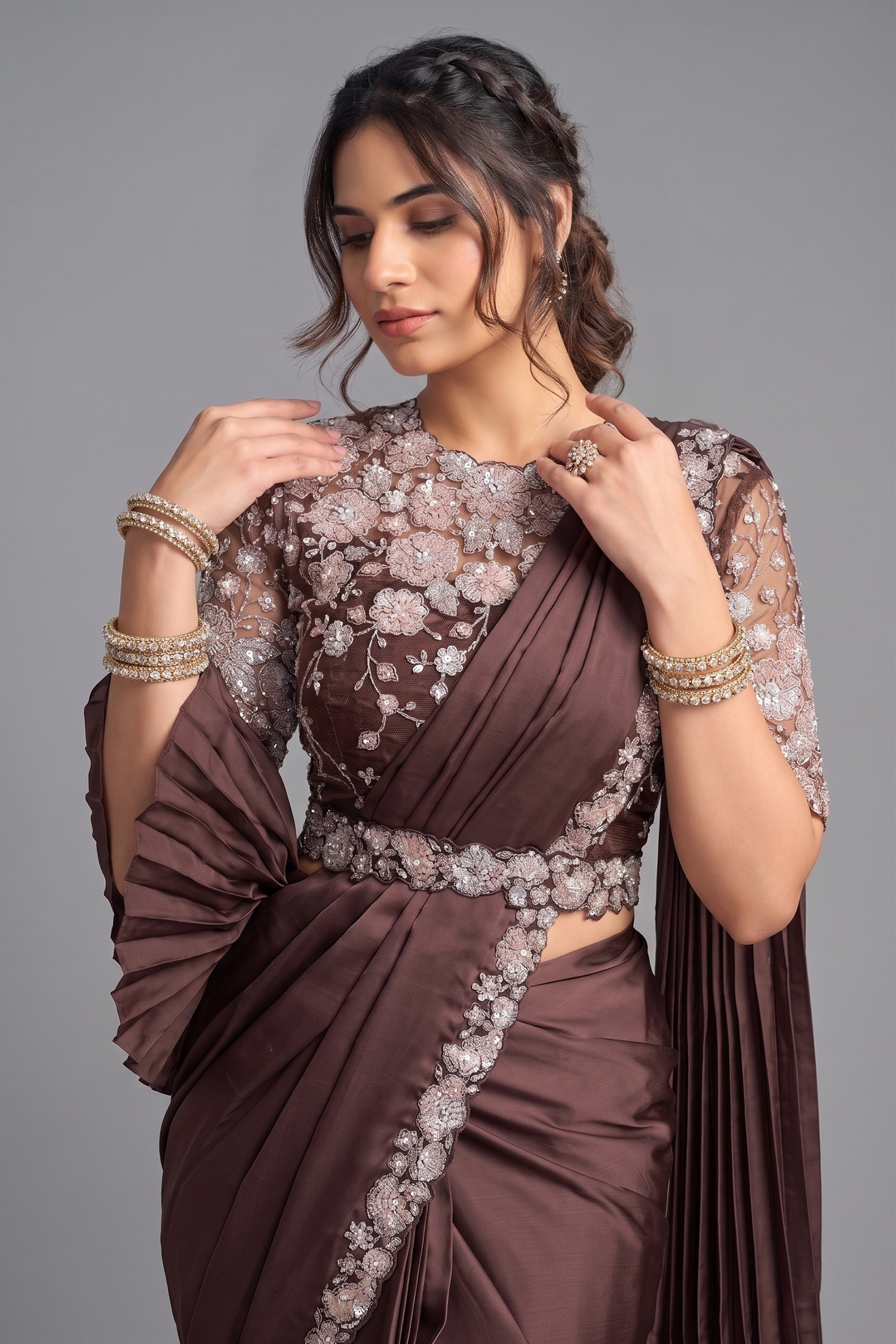 Coffee Brown Lustrous Satin Silk Ready-to-Wear Saree with Floral Sequin Blouse & Belt Secondary image
