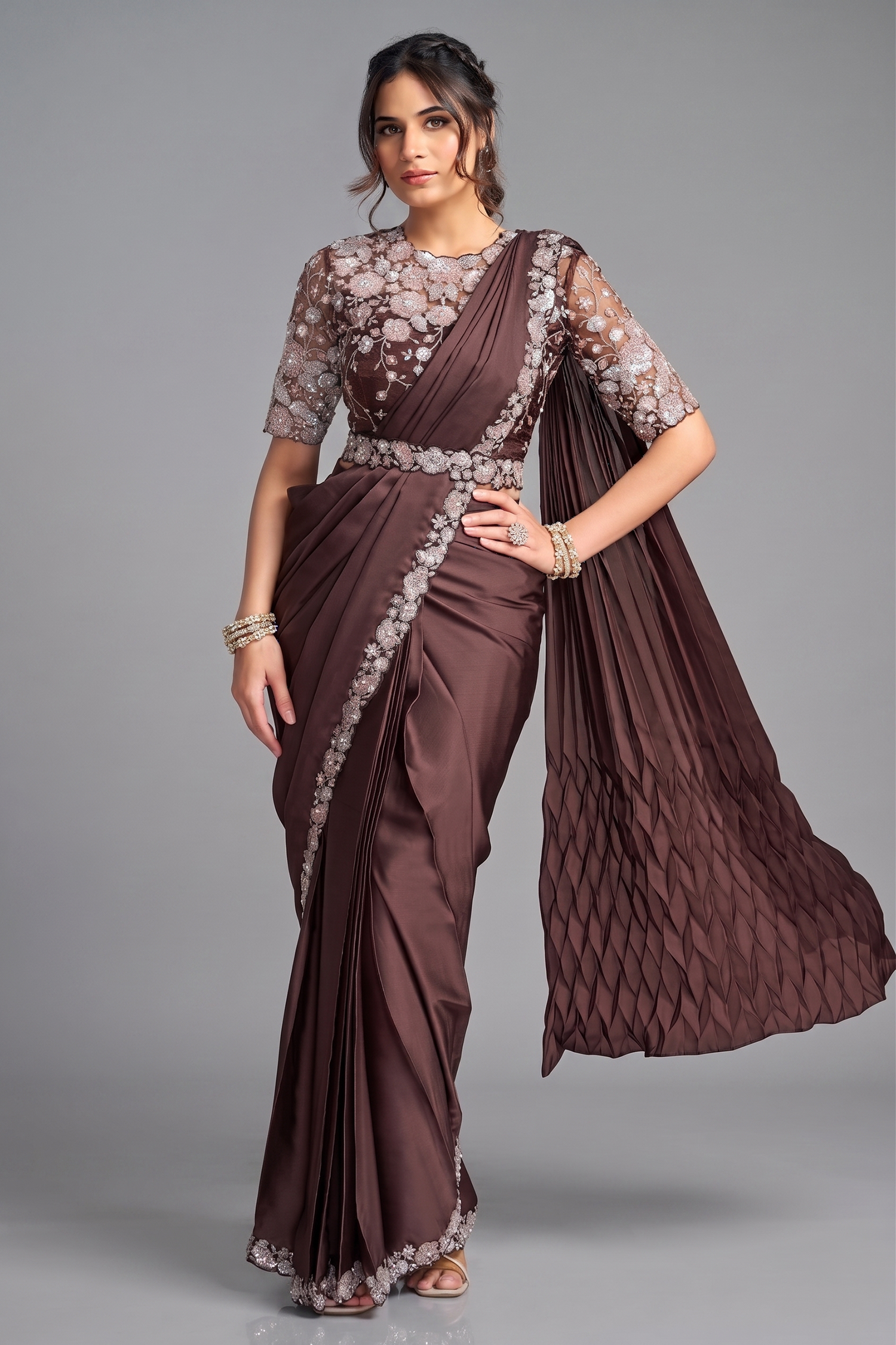 Coffee Brown Lustrous Satin Silk Ready-to-Wear Saree with Floral Sequin Blouse & Belt Main image