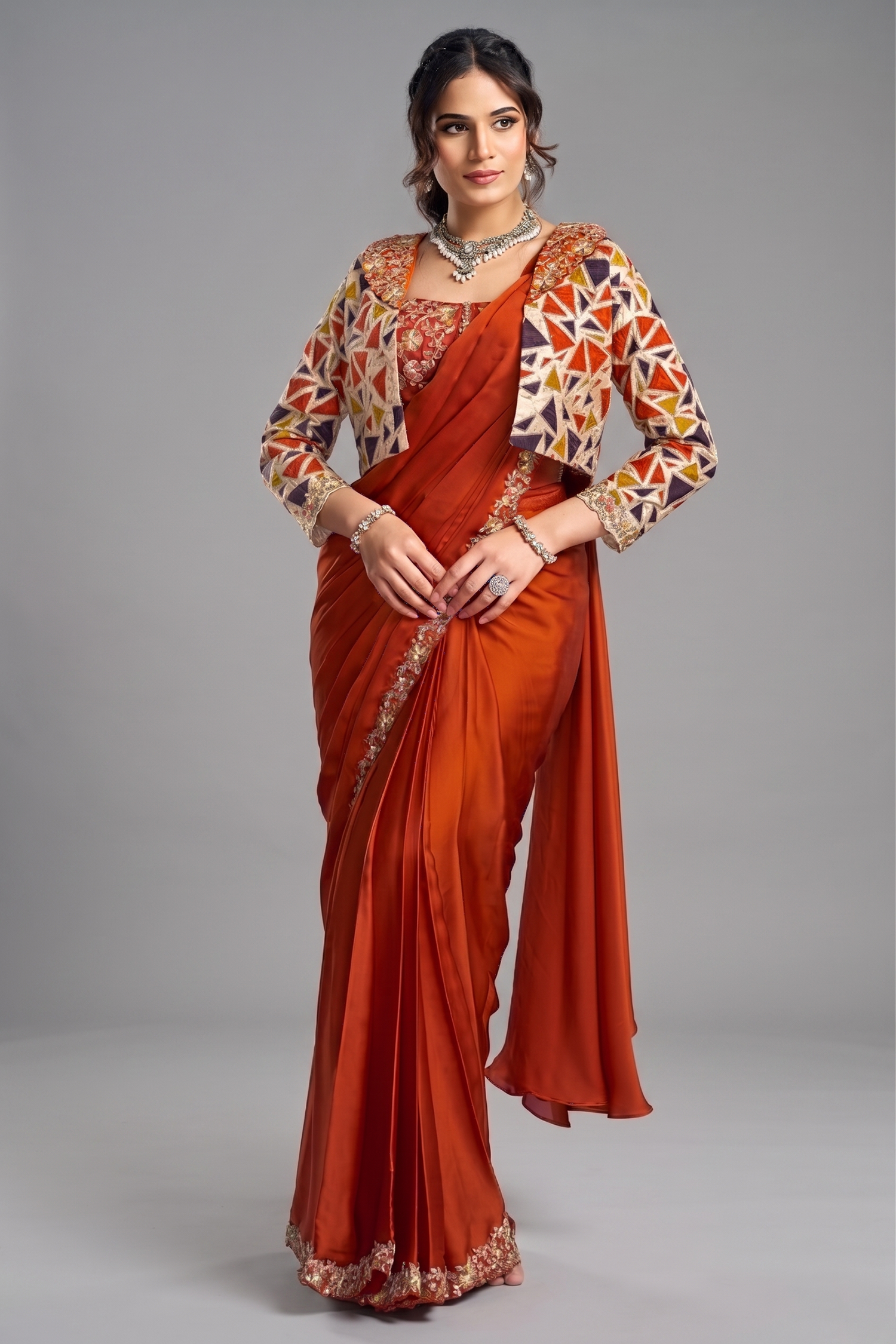 Orange Pre-Stitched Saree with Sequin Embroidered Shrug & Belt Main image