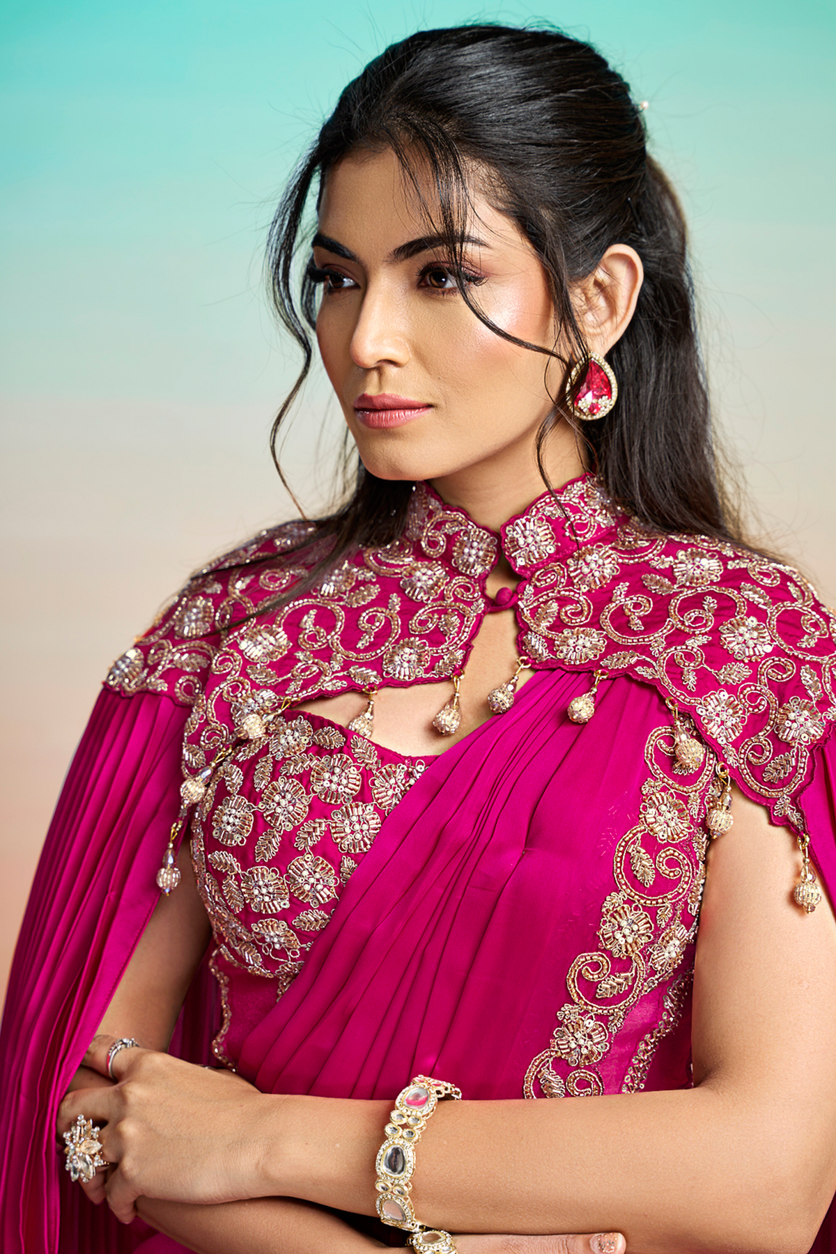 Fuchsia Pre-Stitched Satin Saree with Zardosi Embroidered Blouse and Sheer Cape