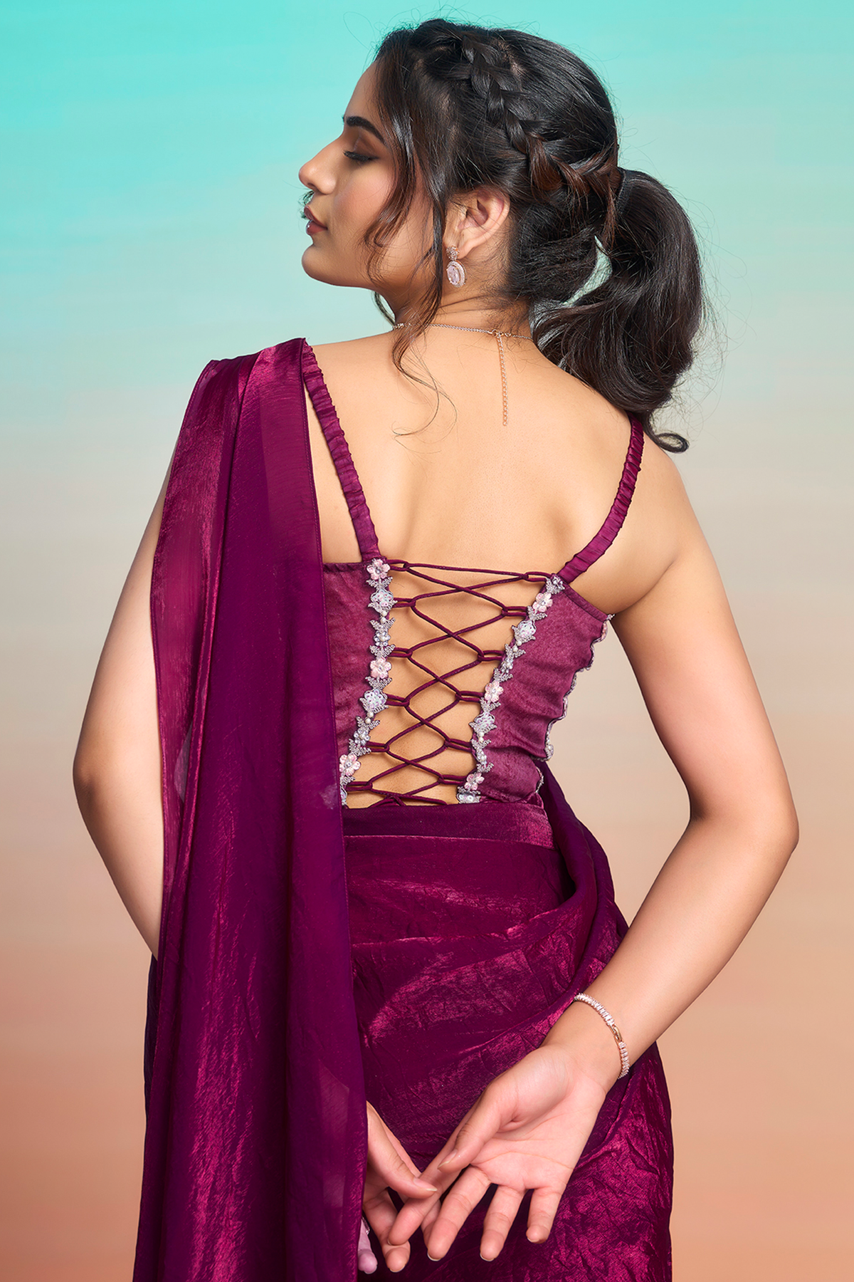 Deep Maroon Pre-Stitched Two-Tone Saree with Pearl Enhanced Blouse and Shrug