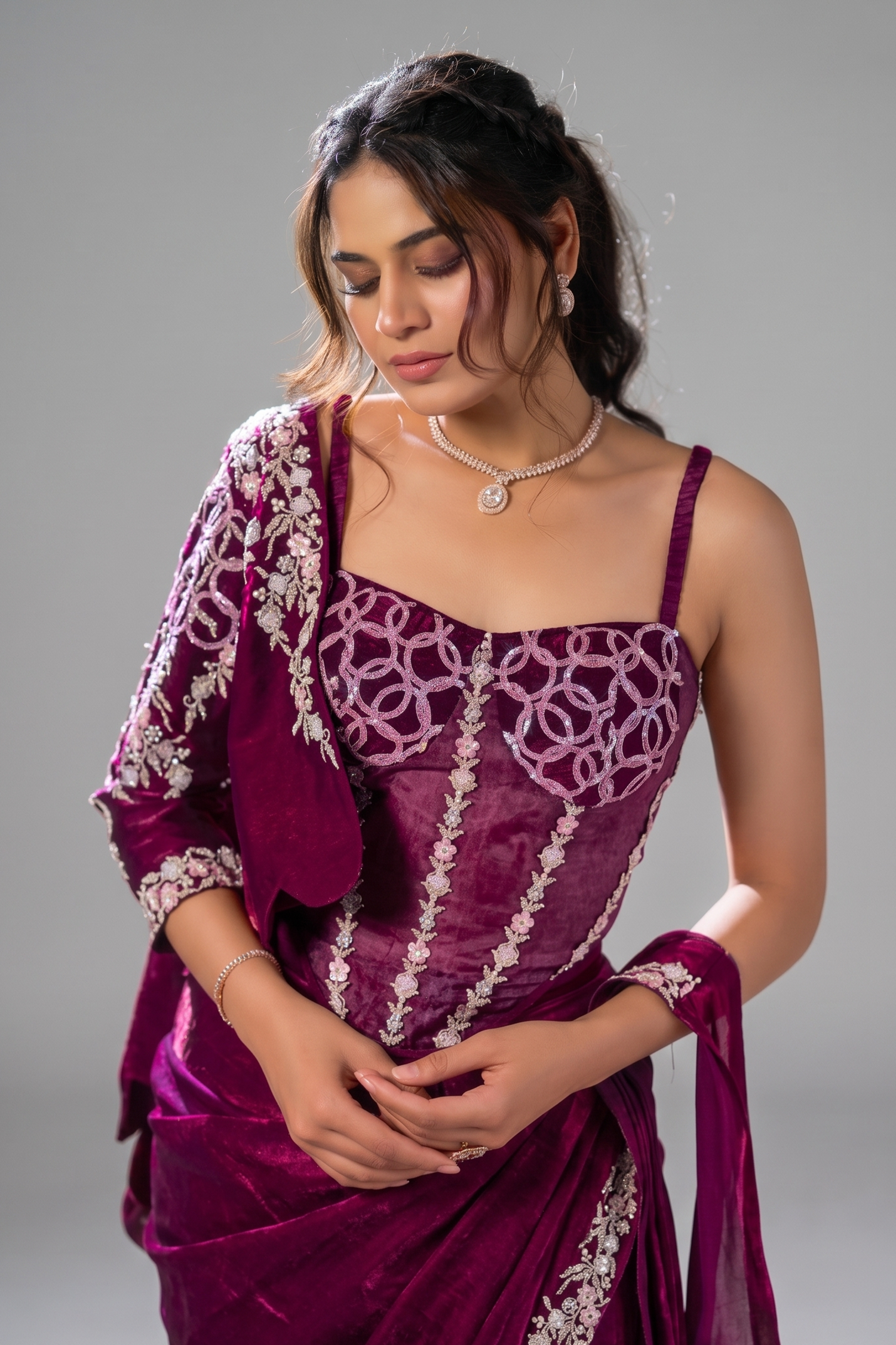 Deep Maroon Pre-Stitched Two-Tone Saree with Pearl Enhanced Blouse and Shrug Secondary image