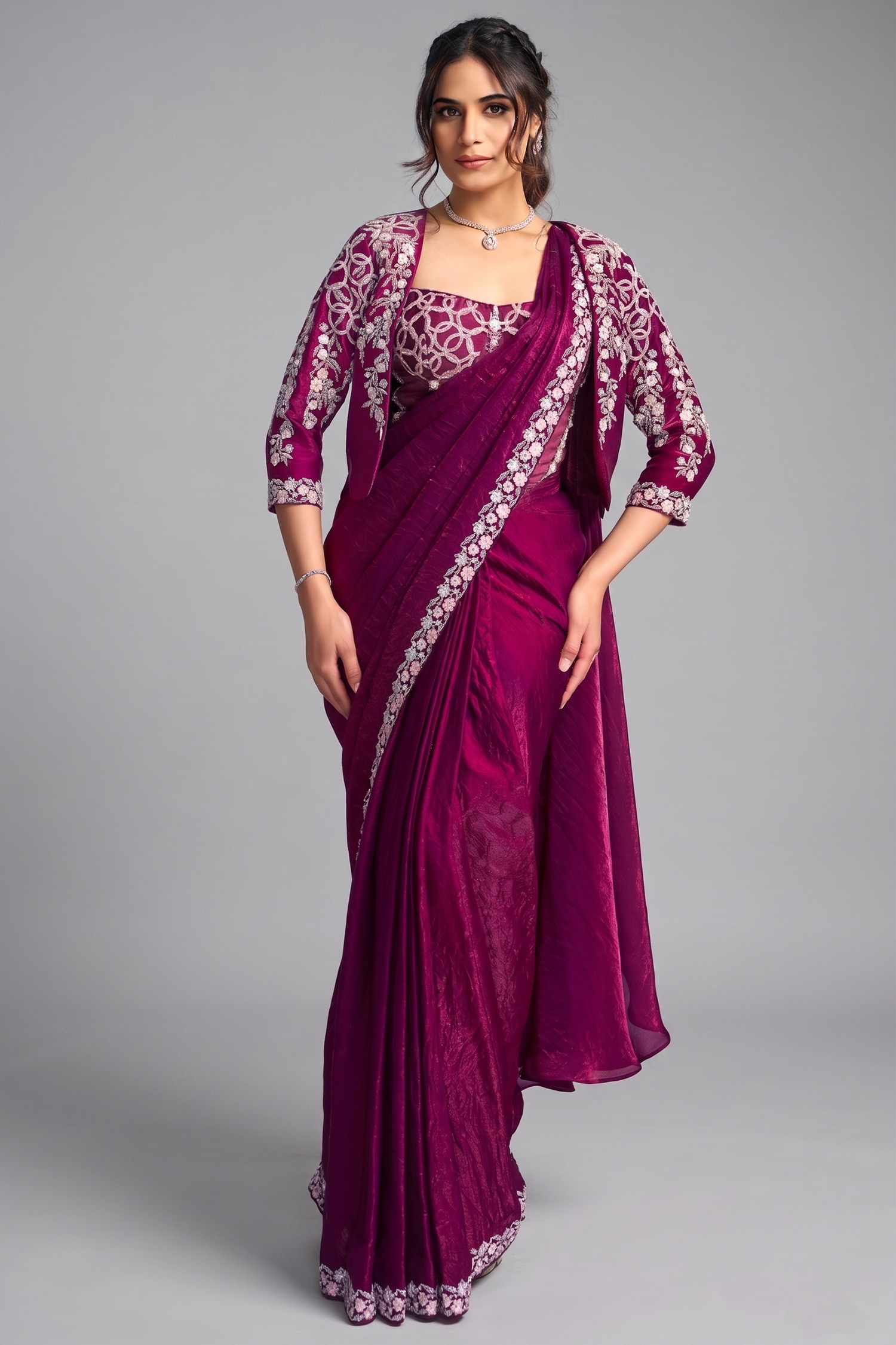 Deep Maroon Pre-Stitched Two-Tone Saree with Pearl Enhanced Blouse and Shrug Main image