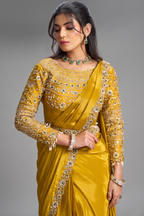 Mustard Yellow Pre-Stitched Crepe Satin Saree with Sequin Embellished Blouse and Belt
