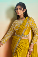Mustard Yellow Pre-Stitched Crepe Satin Saree with Sequin Embellished Blouse and Belt