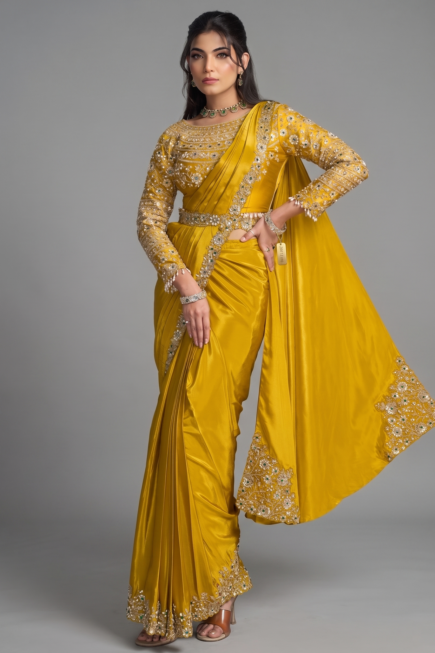 Mustard Yellow Pre-Stitched Crepe Satin Saree with Sequin Embellished Blouse and Belt