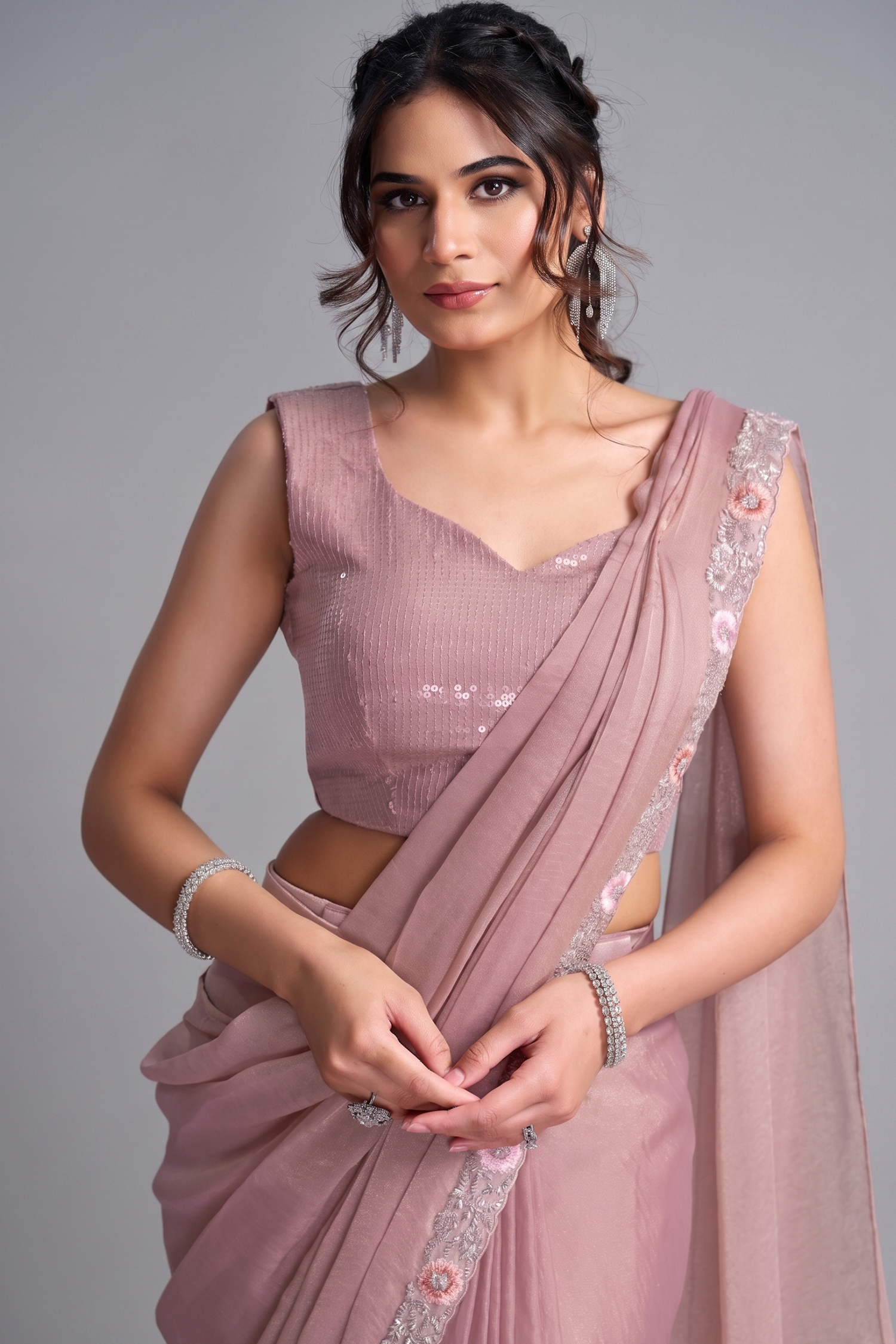 Pastel Peach Pre-Stitched Georgette Saree with Sequin and Bead Detailing Poncho Secondary image
