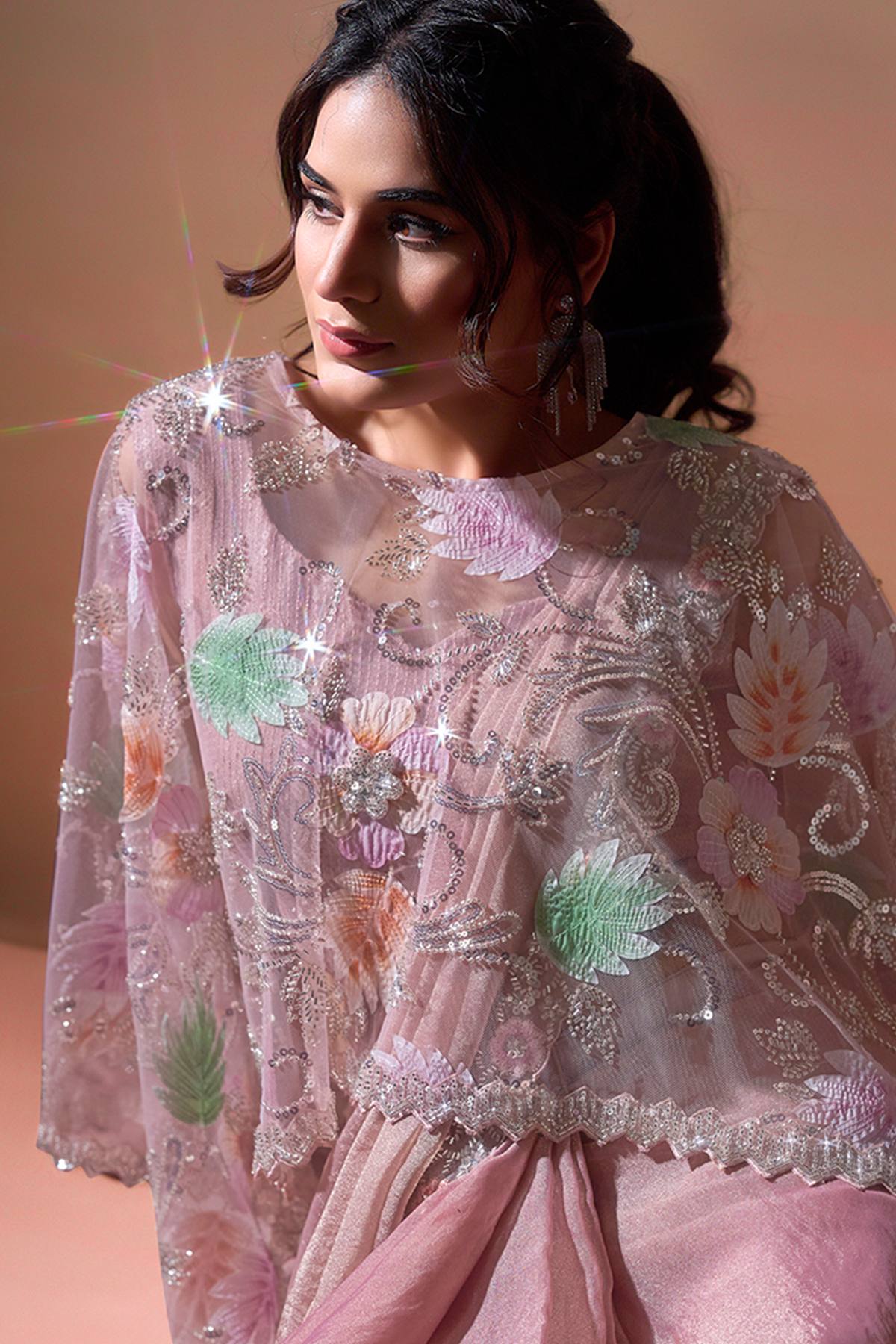 Pastel Peach Pre-Stitched Georgette Saree with Sequin and Bead Detailing Poncho