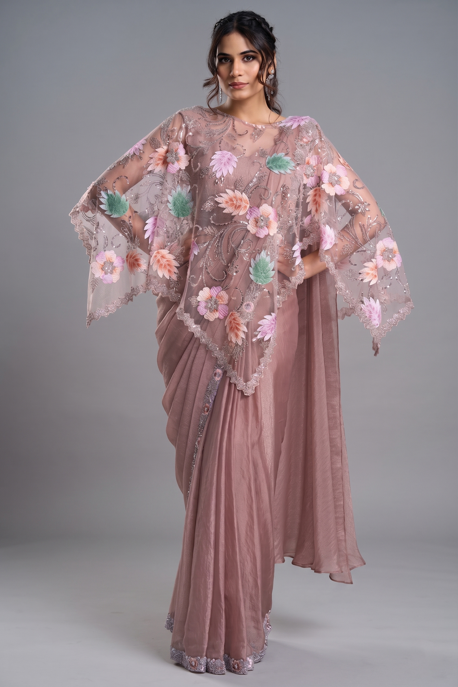 Pastel Peach Pre-Stitched Georgette Saree with Sequin and Bead Detailing Poncho Main image