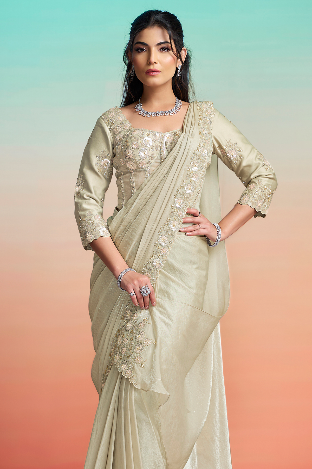 Ivory Grey Pre-Stitched Two-Tone Saree with Sequin and Stone Embroidered Blouse