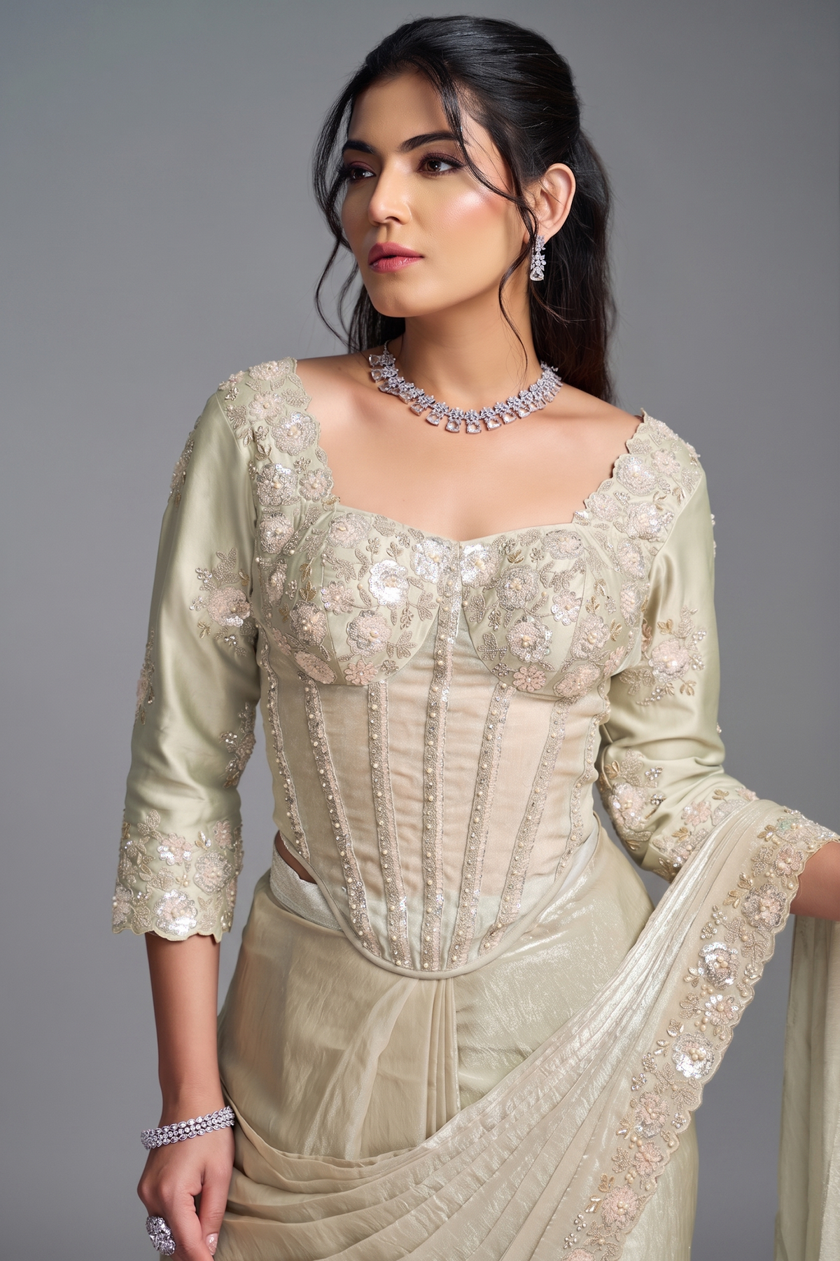 Ivory Grey Pre-Stitched Two-Tone Saree with Sequin and Stone Embroidered Blouse