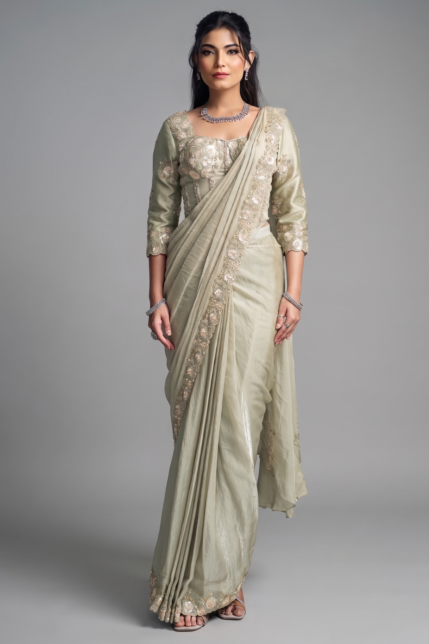 Ivory Grey Pre-Stitched Two-Tone Saree with Sequin and Stone Embroidered Blouse Main image