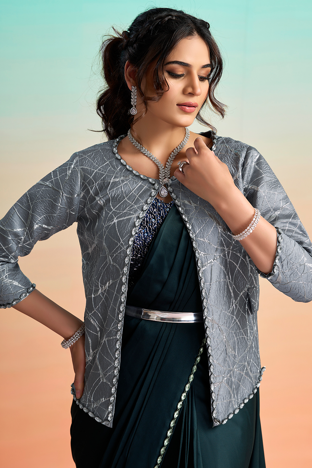 Midnight Blue Pre-Stitched Satin Saree with Oval Stone Detailing Shrug