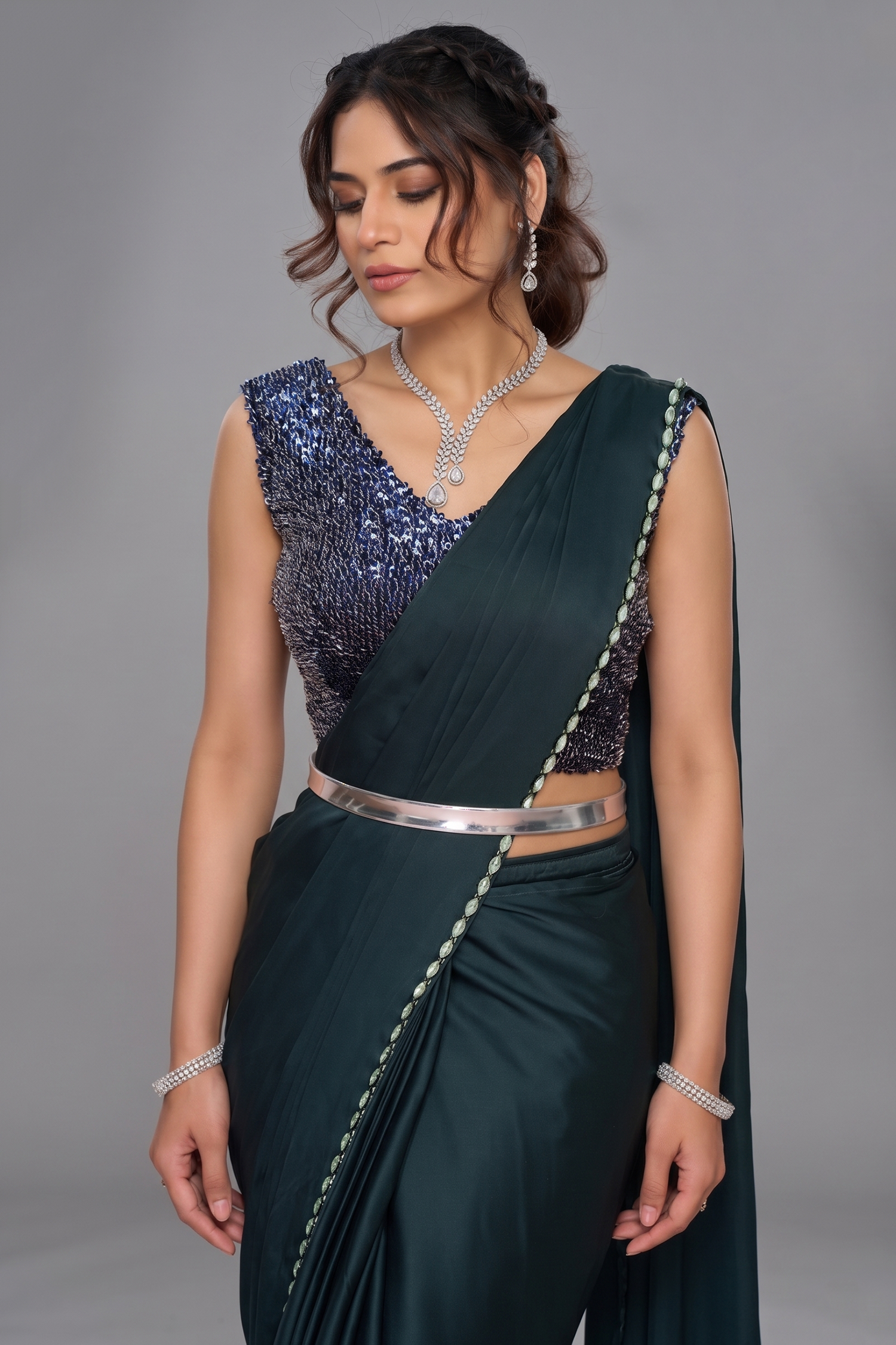 Midnight Blue Pre-Stitched Satin Saree with Oval Stone Detailing Shrug Secondary image
