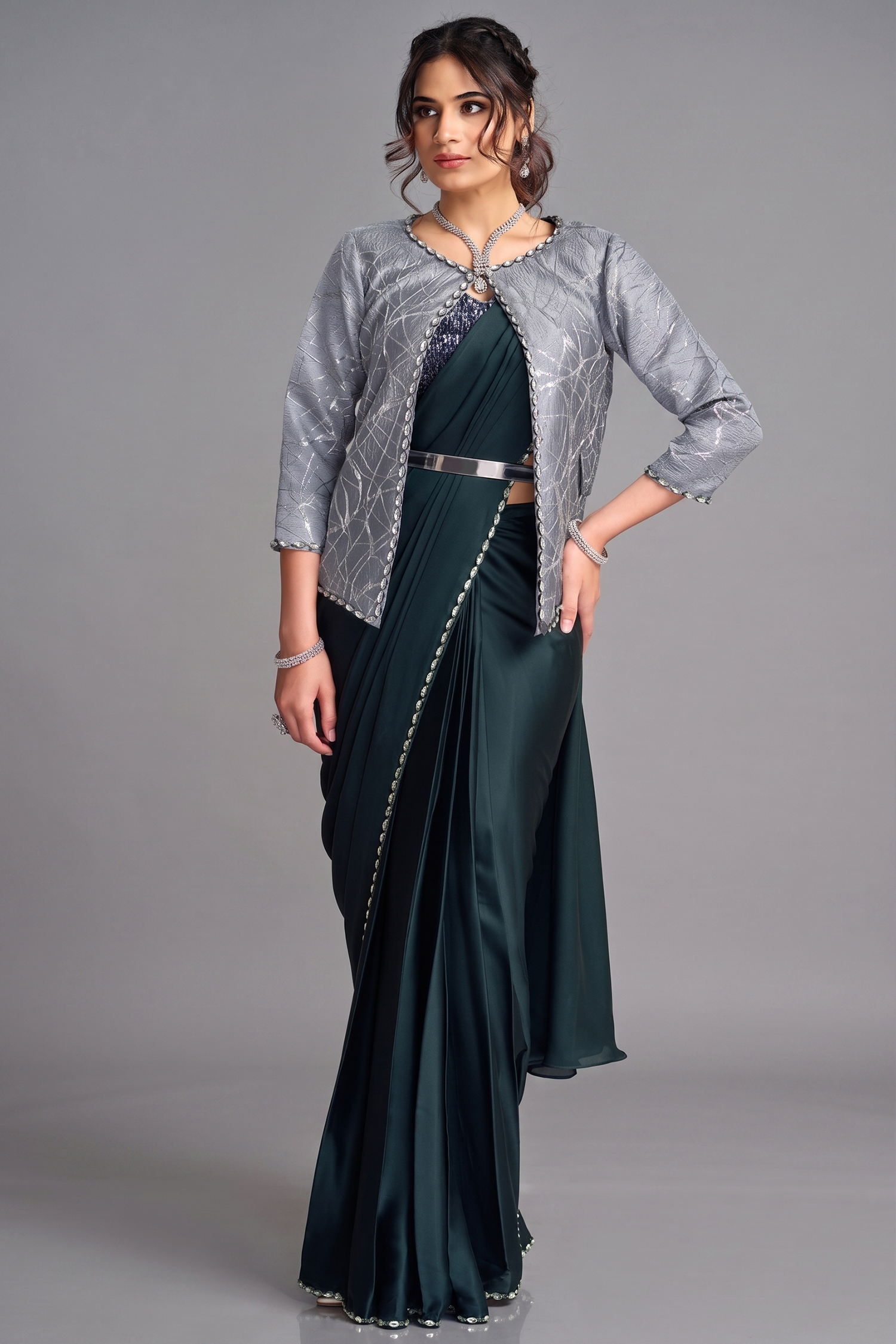 Midnight Blue Pre-Stitched Satin Saree with Oval Stone Detailing Shrug Main image