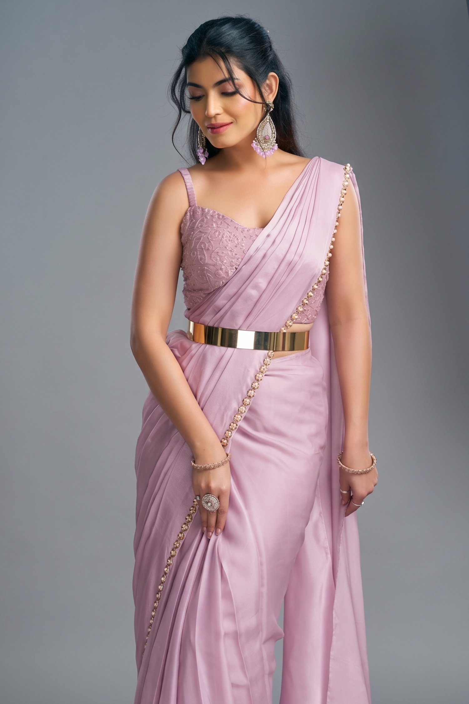 Lavender Lustrous Satin Silk Ready-to-Wear Saree with Double-Weaved Jacquard Jacket & Belt Secondary image