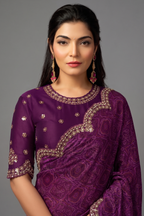 Wine Digital Bandhani Printed Satin Silk Saree with Handcrafted Pearl Handwork