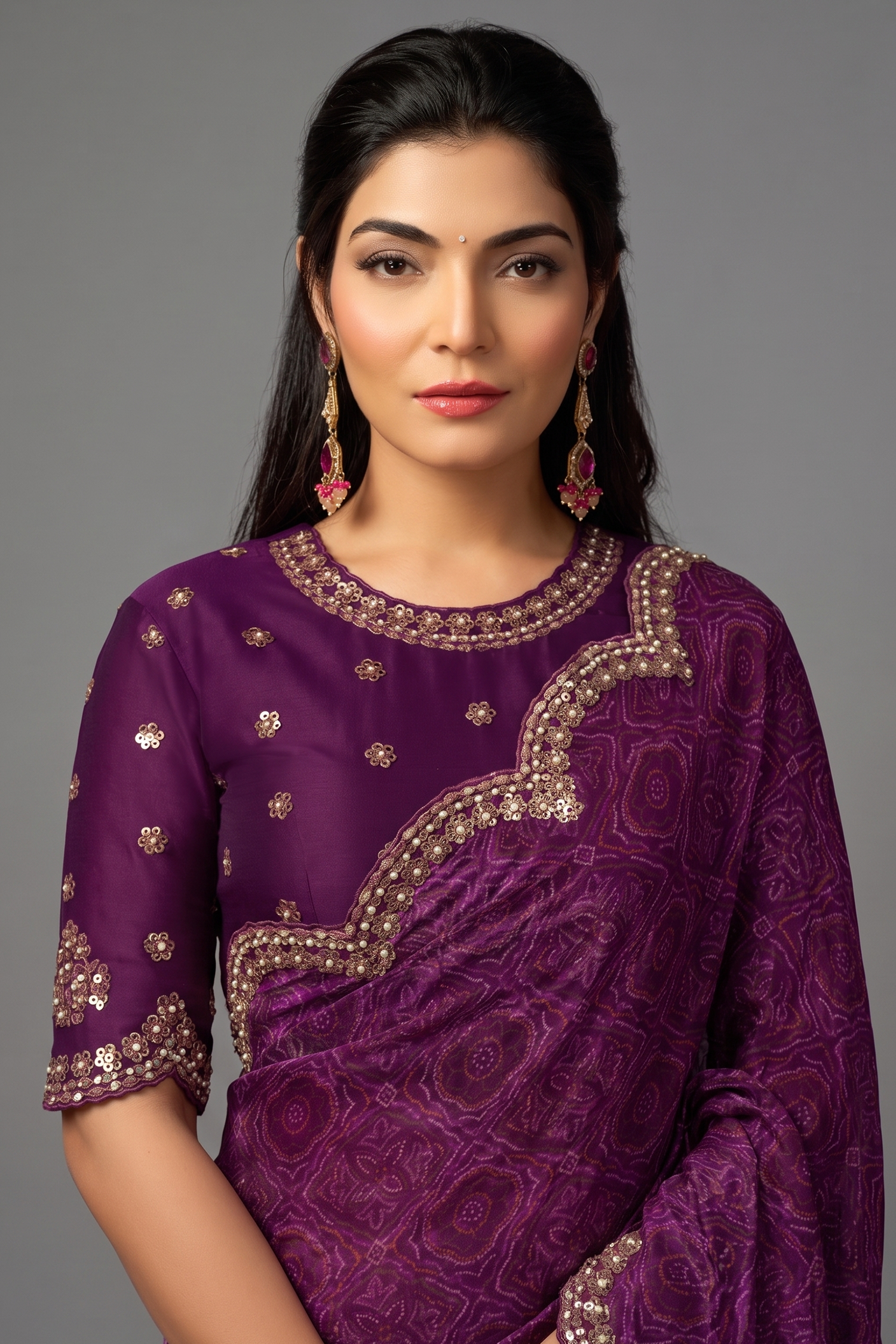 Wine Digital Bandhani Printed Satin Silk Saree with Handcrafted Pearl Handwork