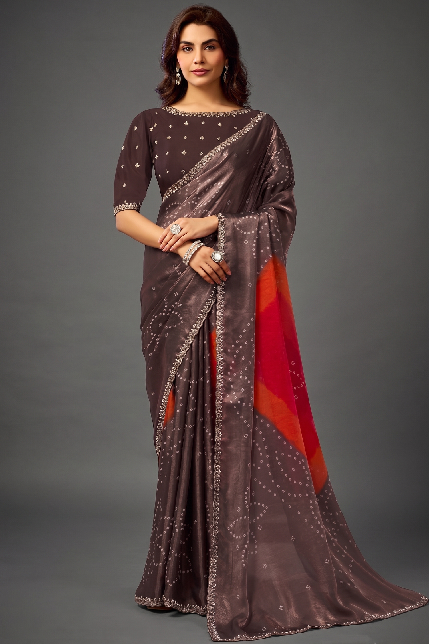 Espresso Coffee Digital Bandhani Saree with Pearl and Stone Handwork Main image