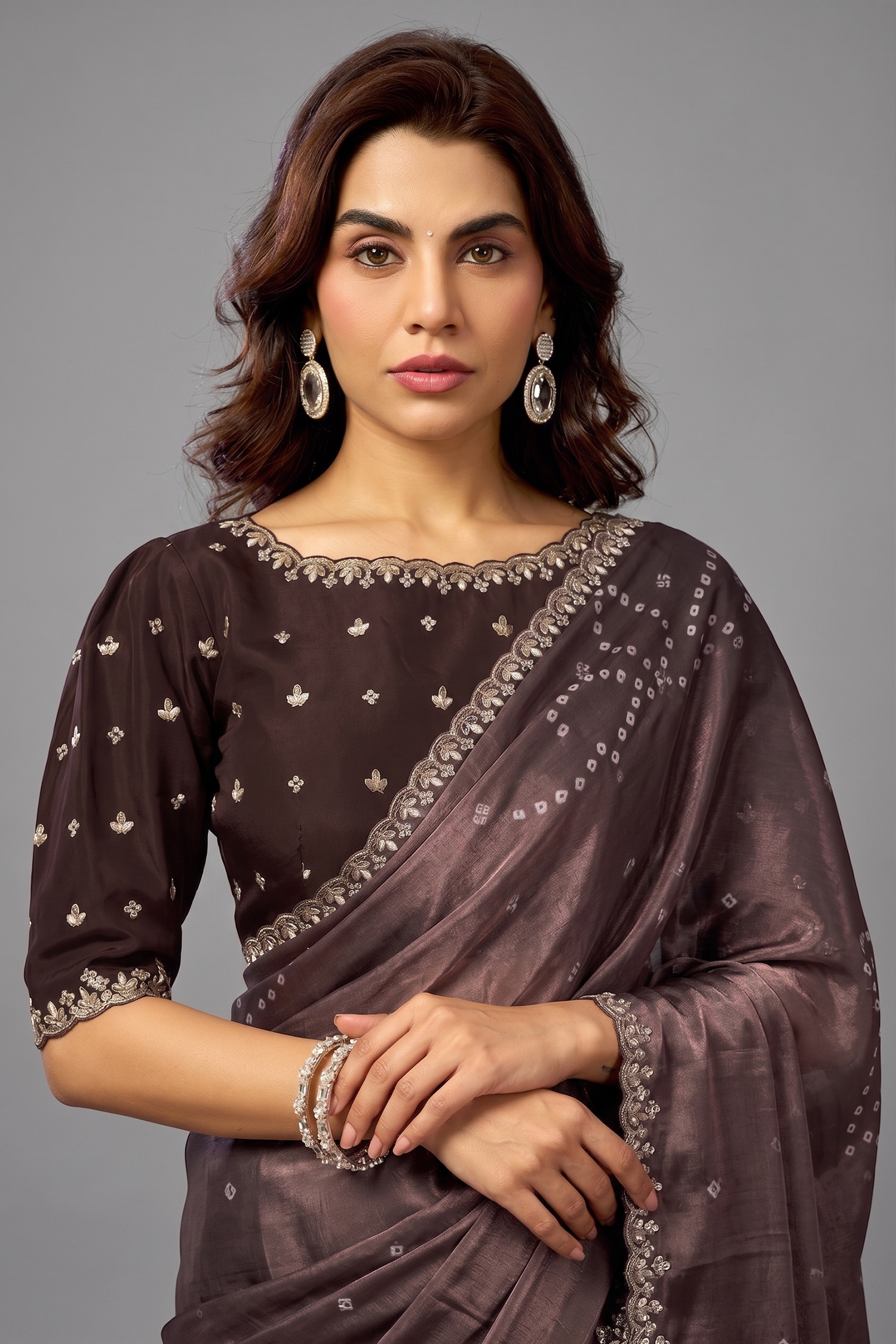 Espresso Coffee Digital Bandhani Saree with Pearl and Stone Handwork Secondary image