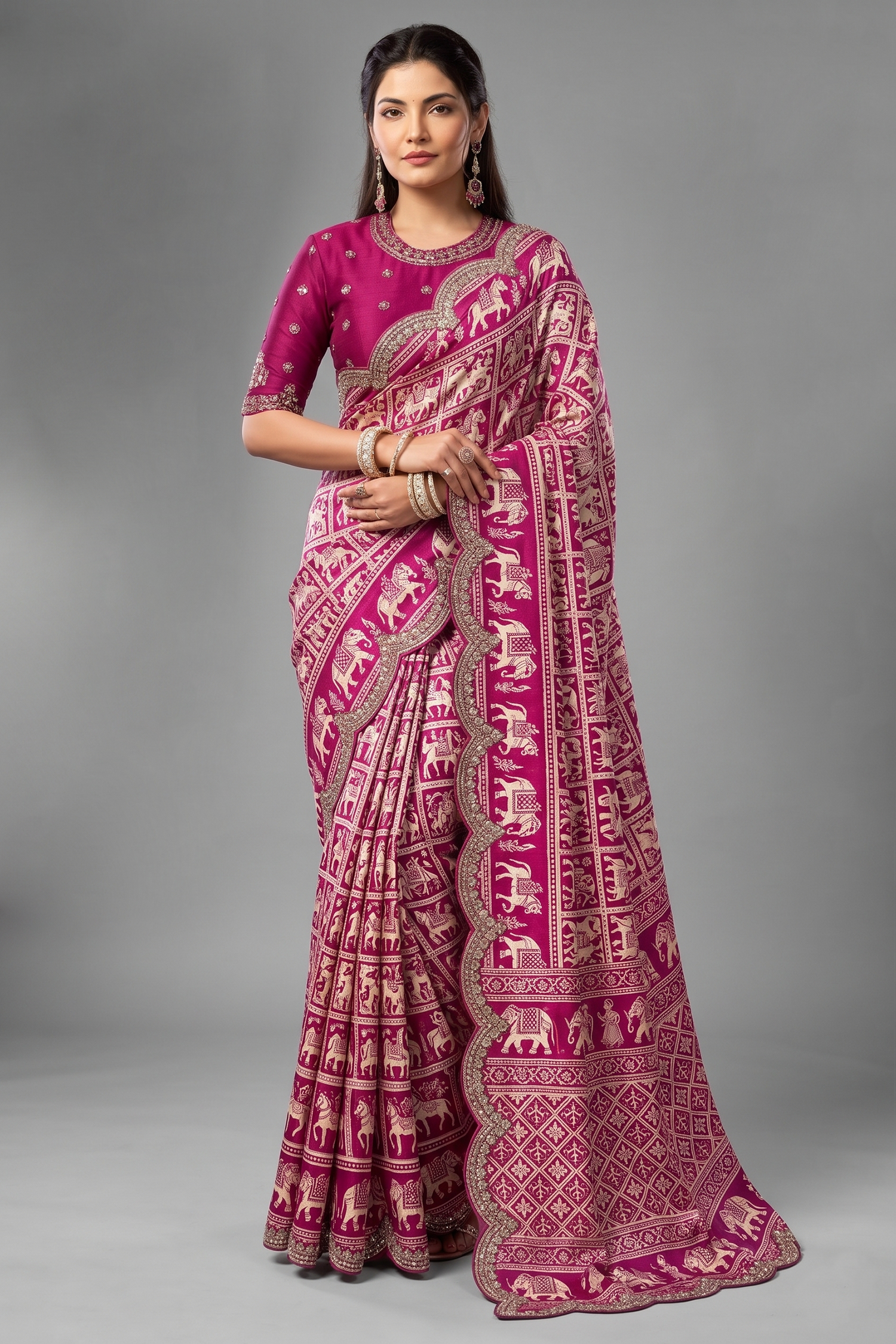 Hot Pink Digital Warli Art Printed Satin Silk Saree with Pearl and Stone Accents Main image