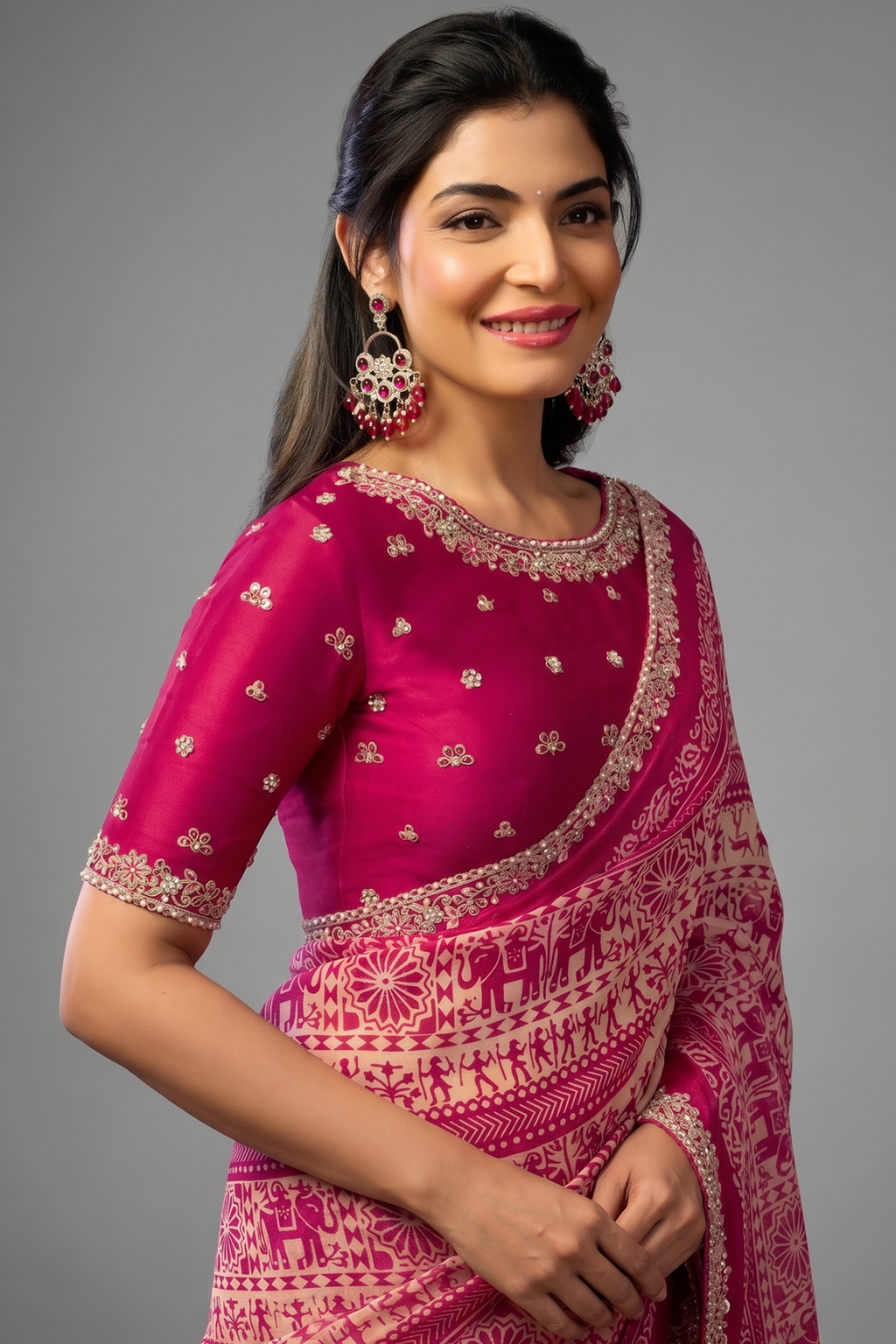 Hot Pink Digital Warli Art Printed Satin Silk Saree with Pearl and Stone Accents