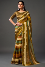 Mustard Yellow Two-Tone Satin Silk Saree with Leheriya Digital Print and Handcrafted Sequins
