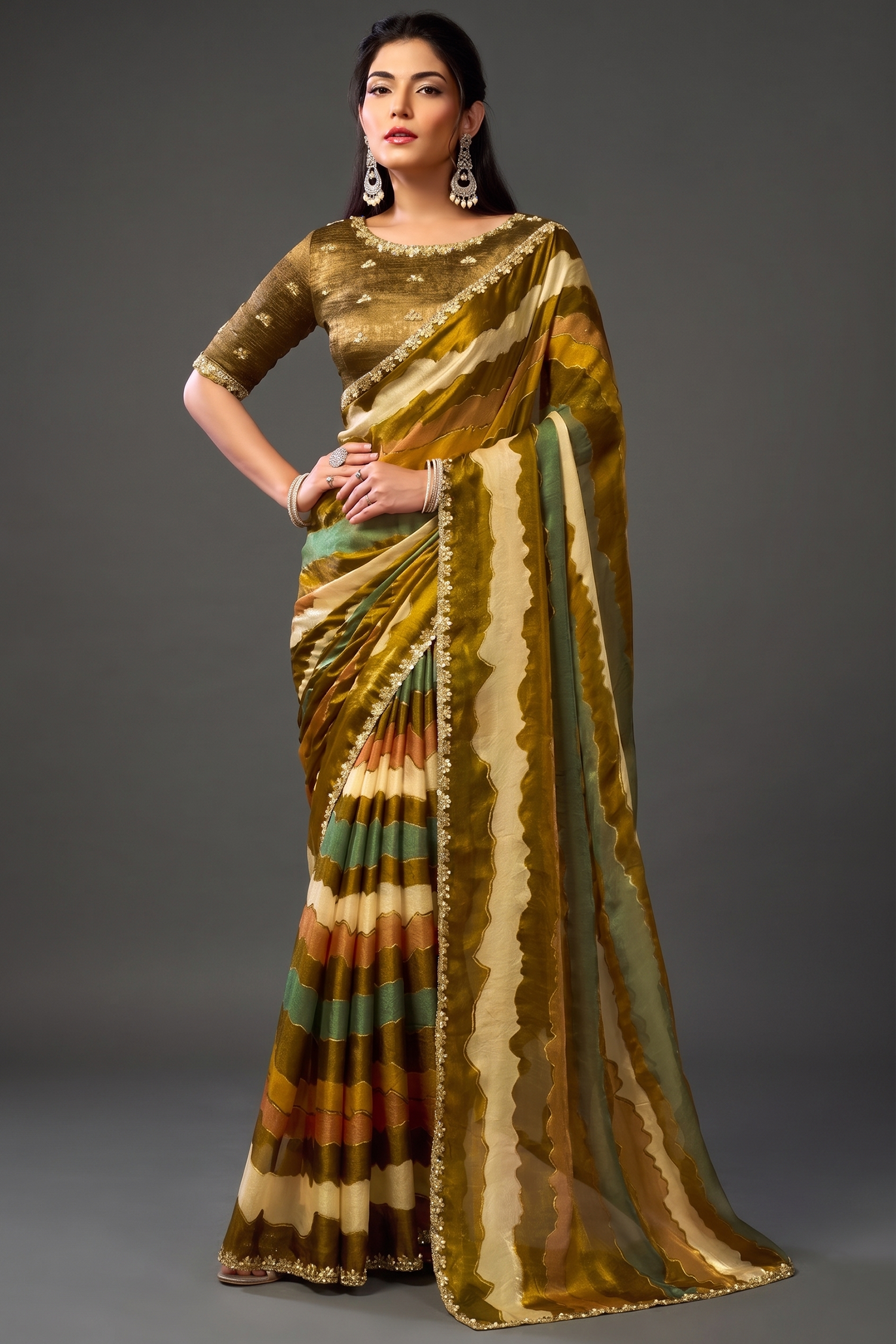 Mustard Yellow Two-Tone Satin Silk Saree with Leheriya Digital Print and Handcrafted Sequins