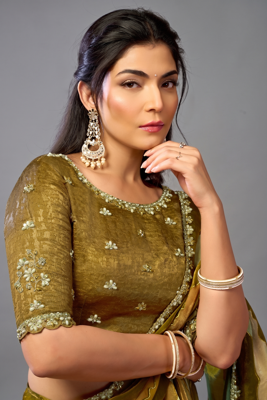 Mustard Yellow Two-Tone Satin Silk Saree with Leheriya Digital Print and Handcrafted Sequins