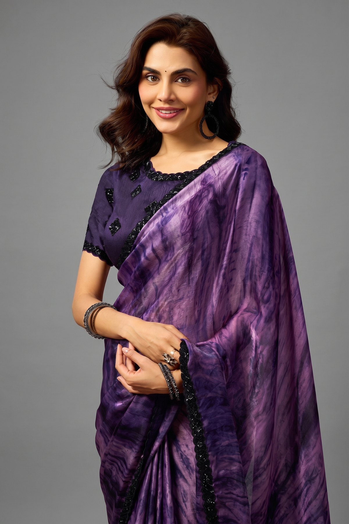 Deep Purple Two-Tone Satin Silk Saree with Abstract Digital Print and Beads Embellishment