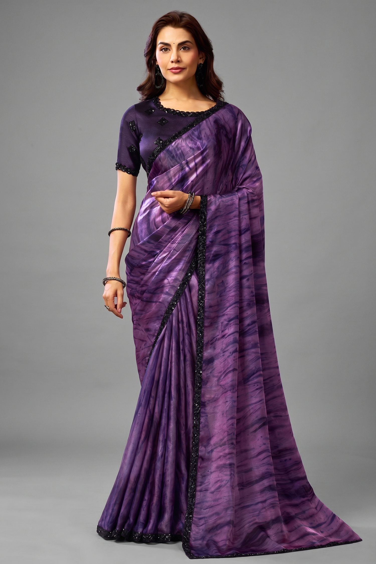Deep Purple Two-Tone Satin Silk Saree with Abstract Digital Print and Beads Embellishment Main image