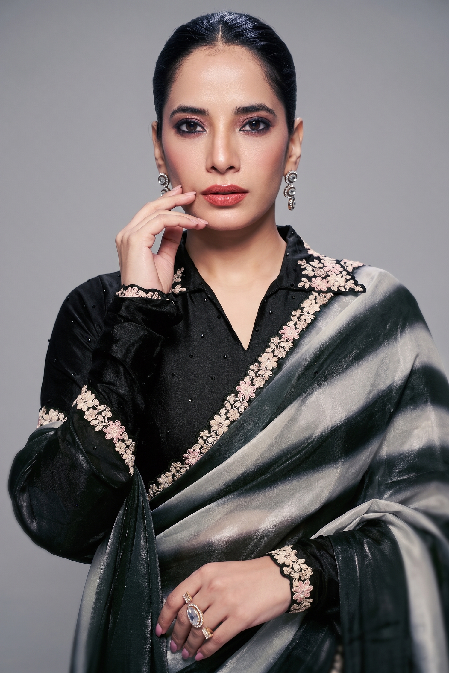 Midnight Black Shaded Digital Print Satin Silk Saree with Elegant Embroidery Secondary image