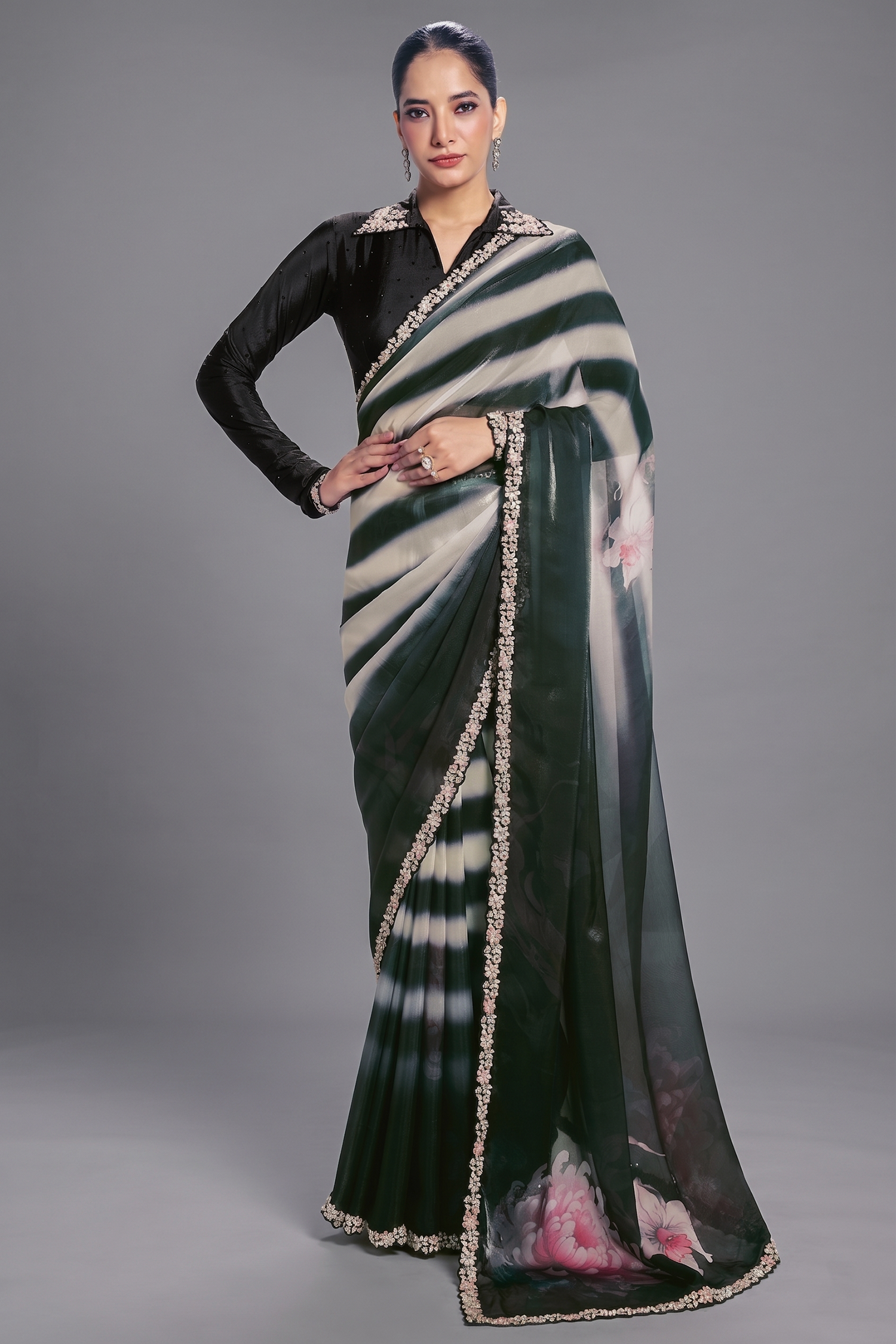 Midnight Black Shaded Digital Print Satin Silk Saree with Elegant Embroidery