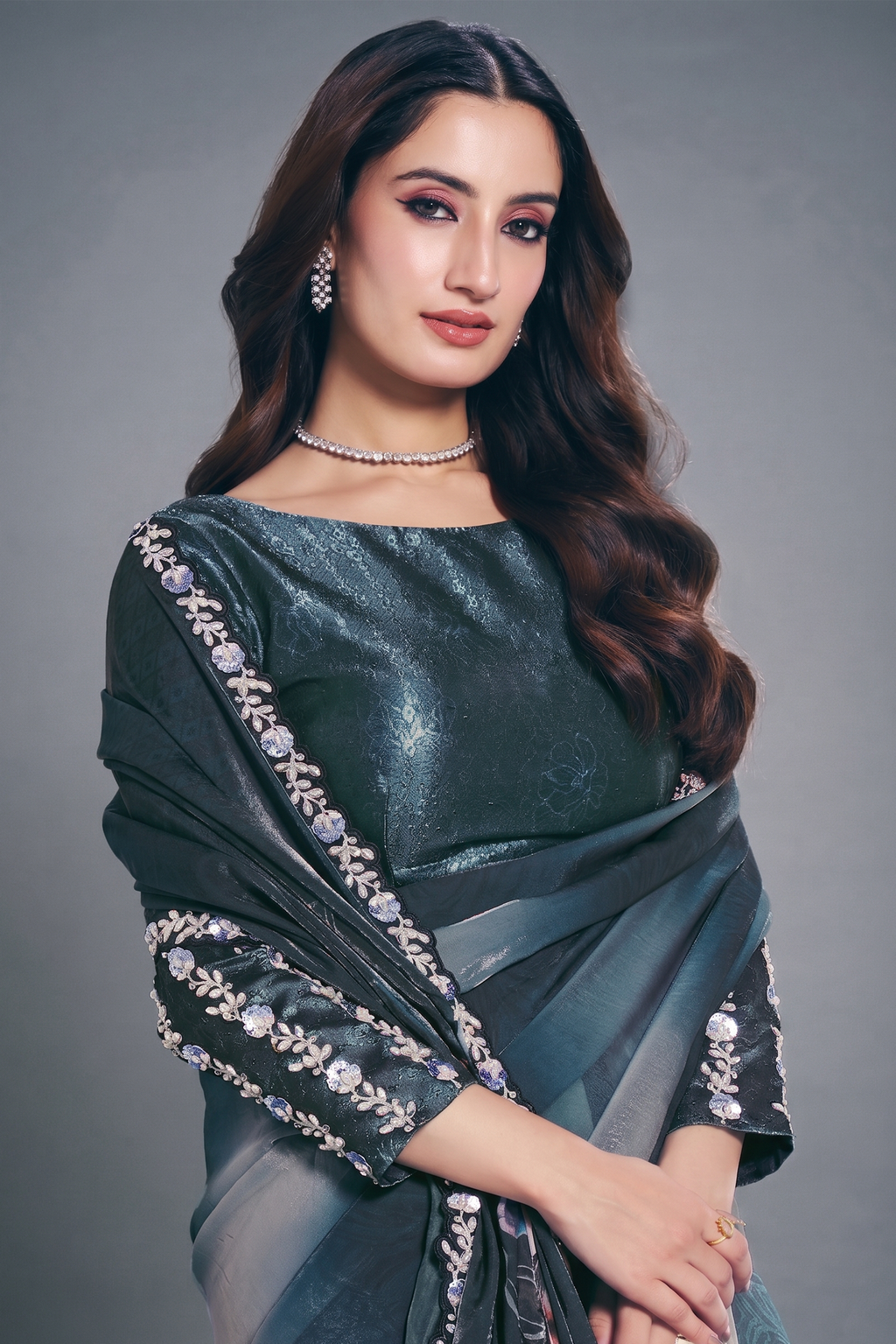 Deep Teal Blue Two-Tone Satin Silk Saree with Digital Abstract Print and Embroidery Border