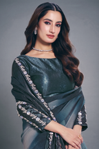 Deep Teal Blue Two-Tone Satin Silk Saree with Digital Abstract Print and Embroidery Border