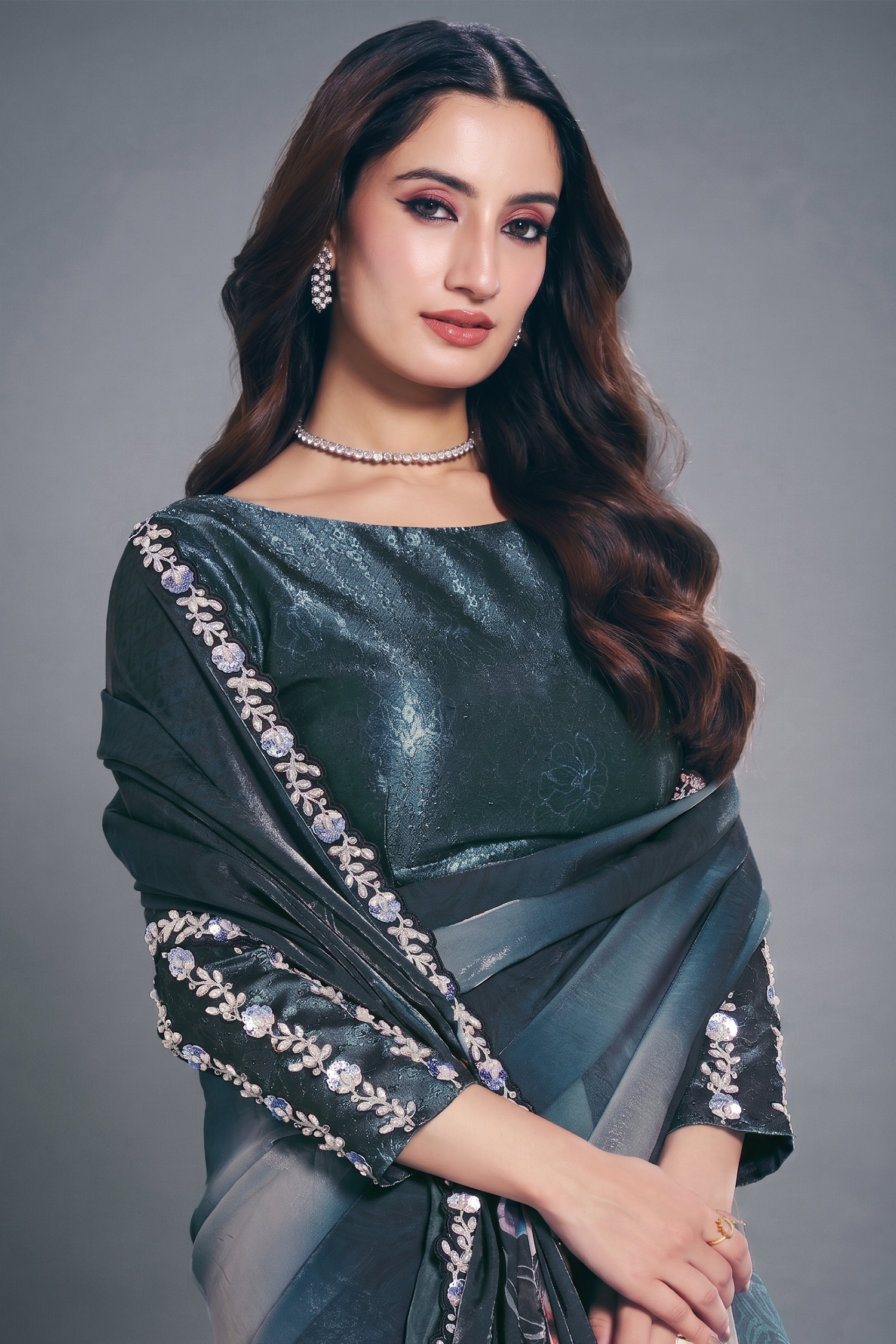 Deep Teal Blue Two-Tone Satin Silk Saree with Digital Abstract Print and Embroidery Border