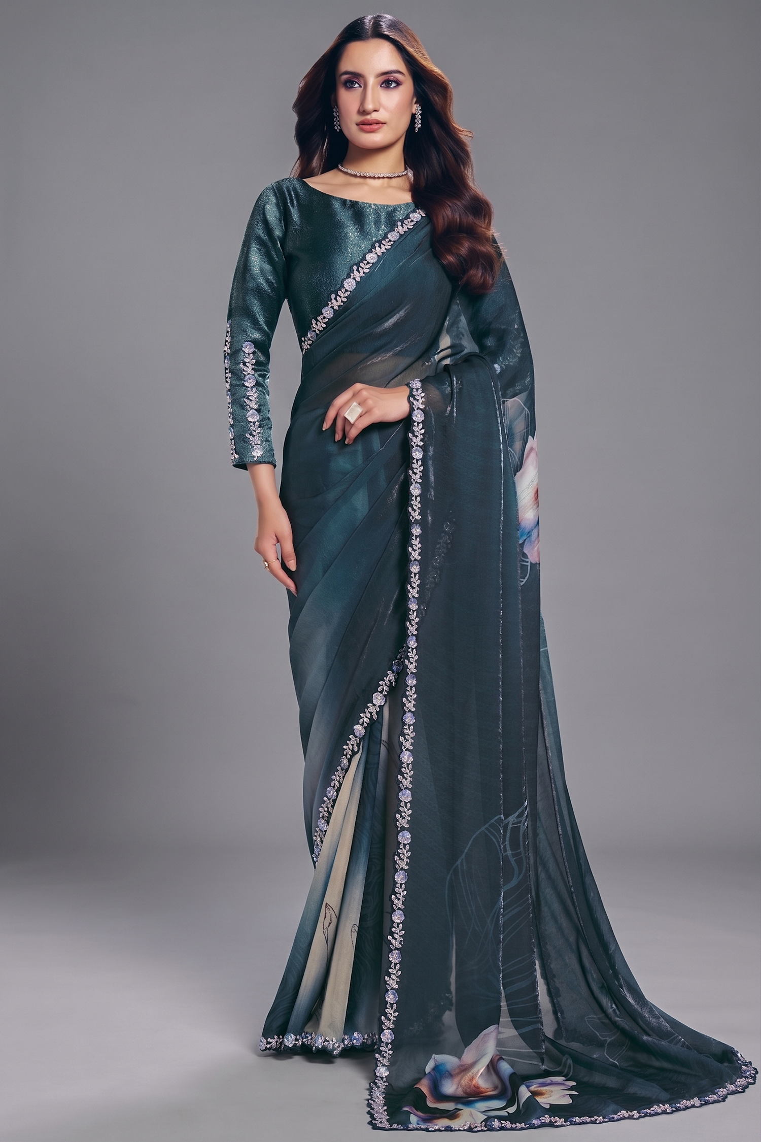 Deep Teal Blue Two-Tone Satin Silk Saree with Digital Abstract Print and Embroidery Border Main image