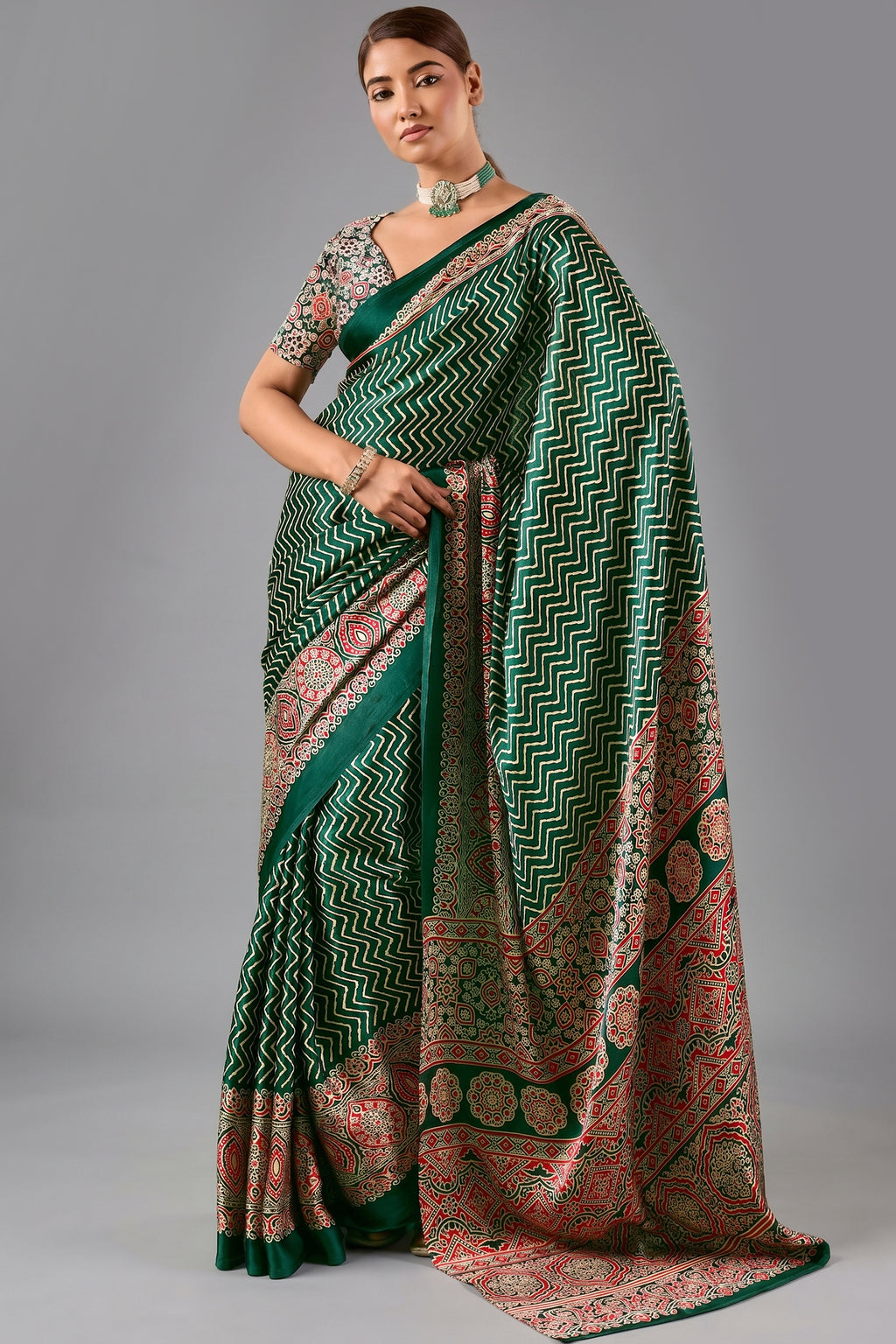 Bottle Green Satin Ajrakh Print Saree with Chevron Body and Detailed Pallu Border