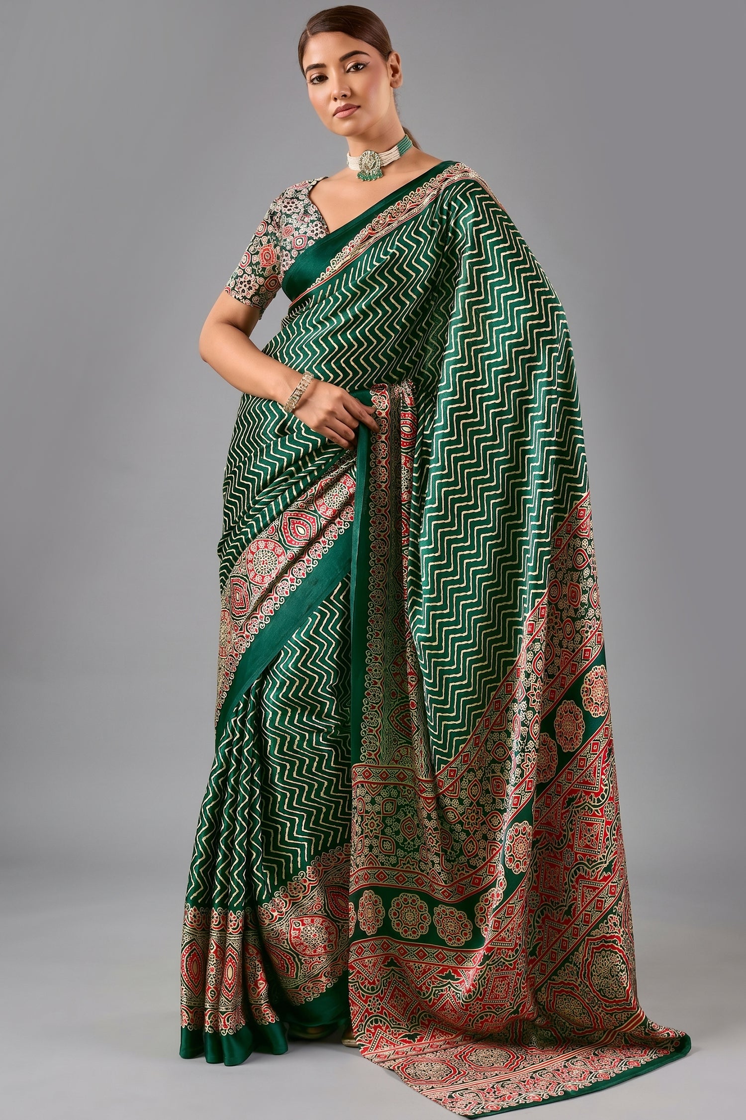Bottle Green Satin Ajrakh Print Saree with Chevron Body and Detailed Pallu Border
